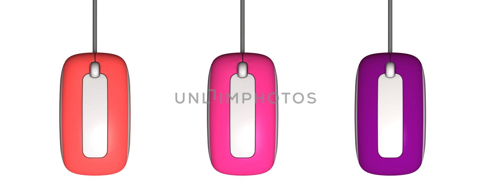 topview of three modern computer mice in different colours - light red, pink-purple, violet