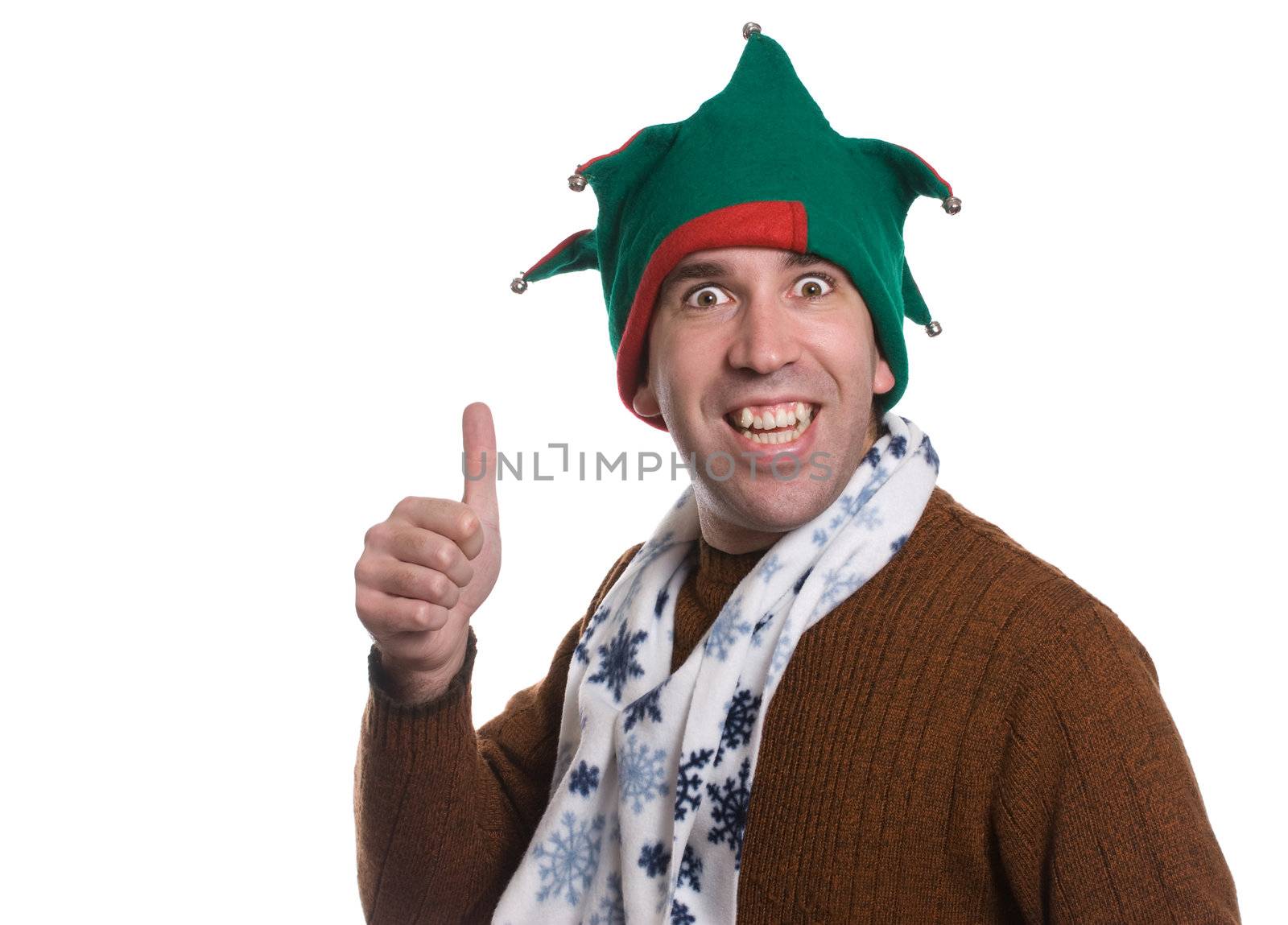 A happy man giving a thumbs up while wearing  an elf hat and a white scarf, isolated against a white background