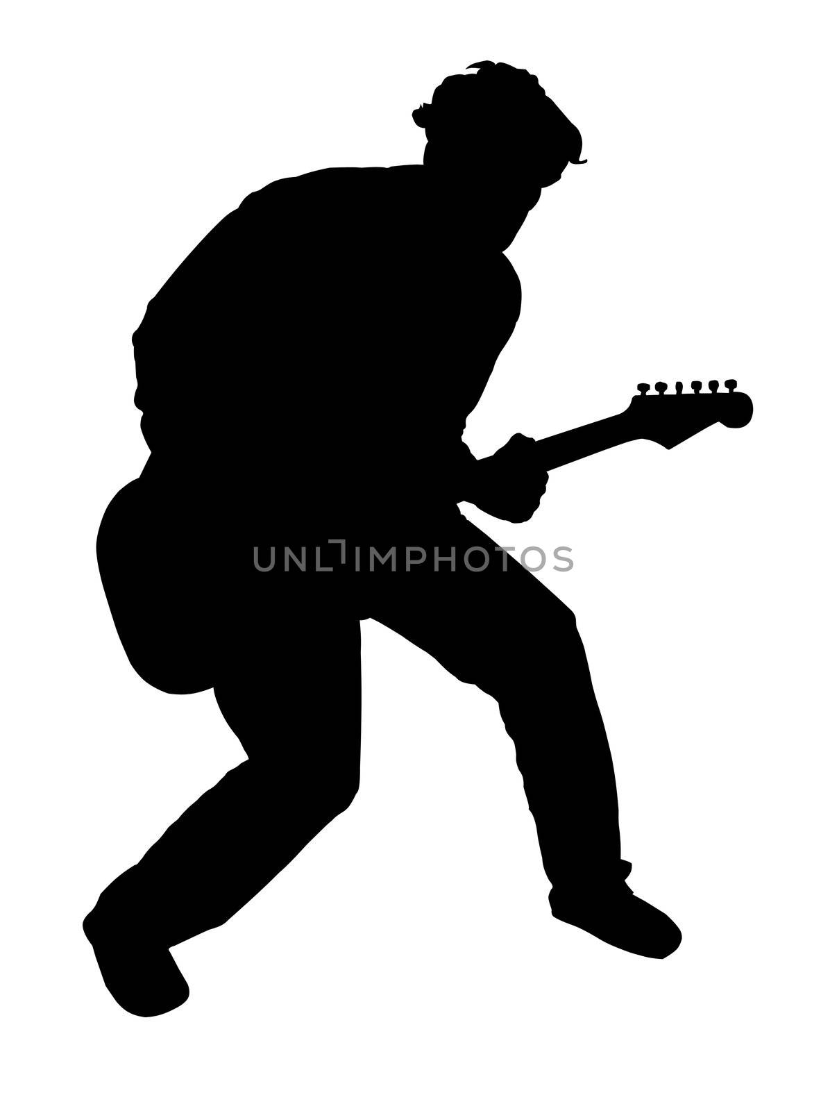 Black silhouette of a playing guitarist, on white background