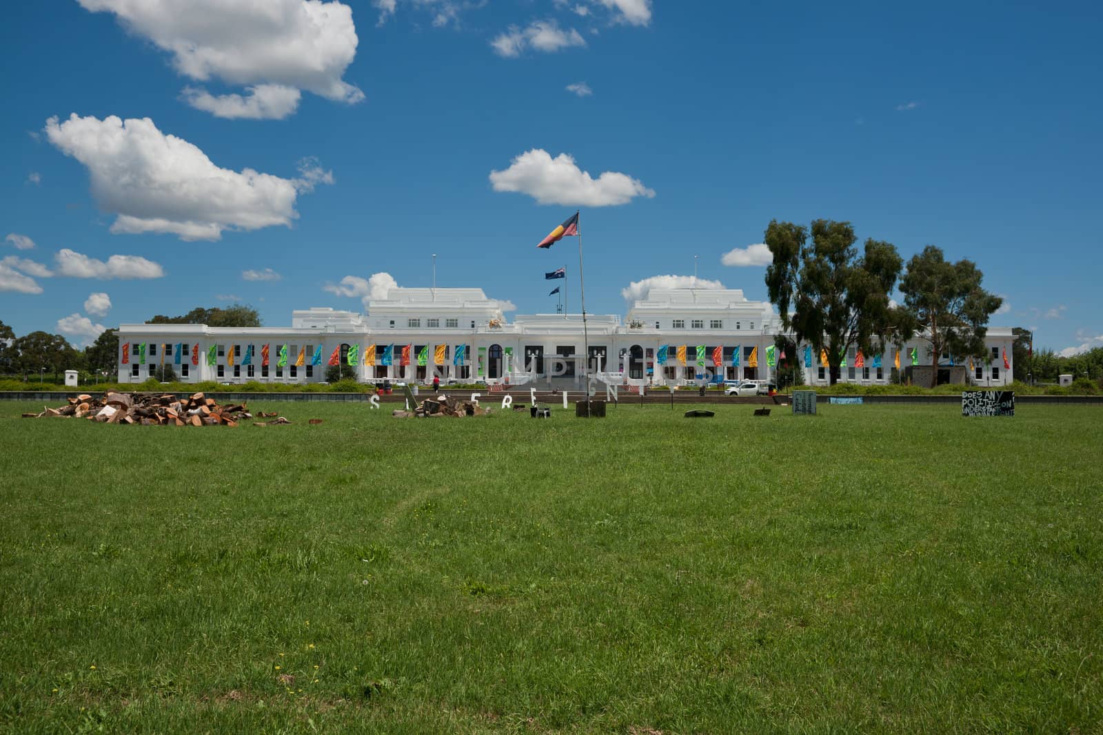 Aboriginal protest banner in trees of Canberra's old Parliament building, 2011.