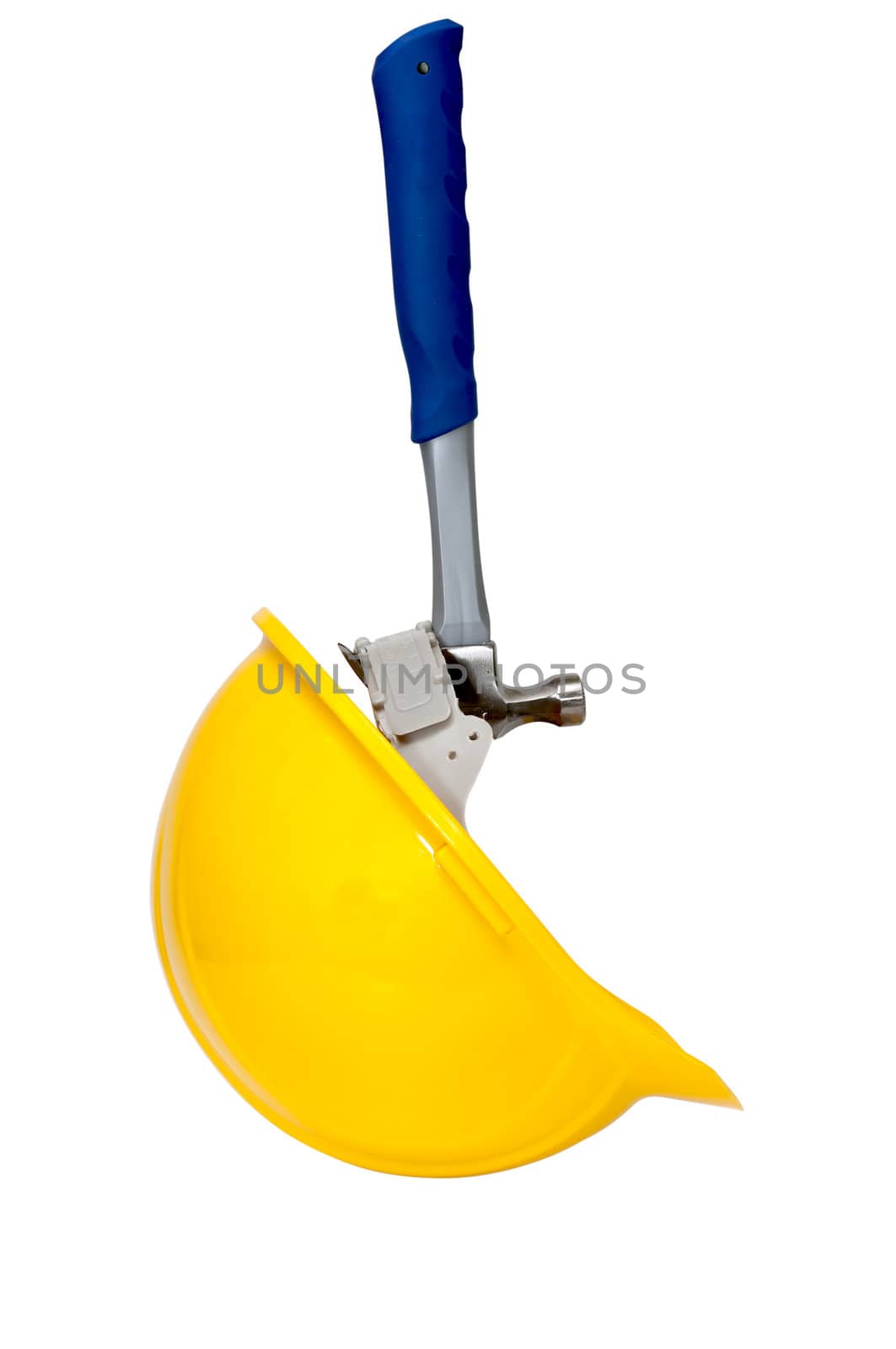 Hardhat and hammer isolated on white background with clipping path.