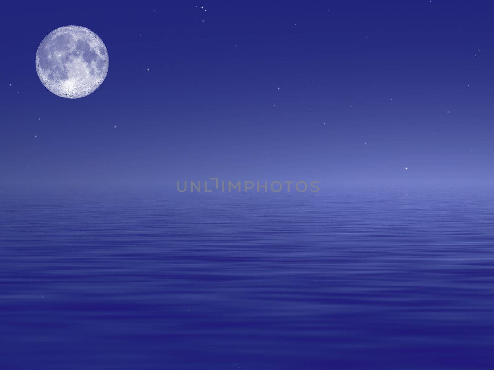 Full Moon over calm ocean waters with copy space
