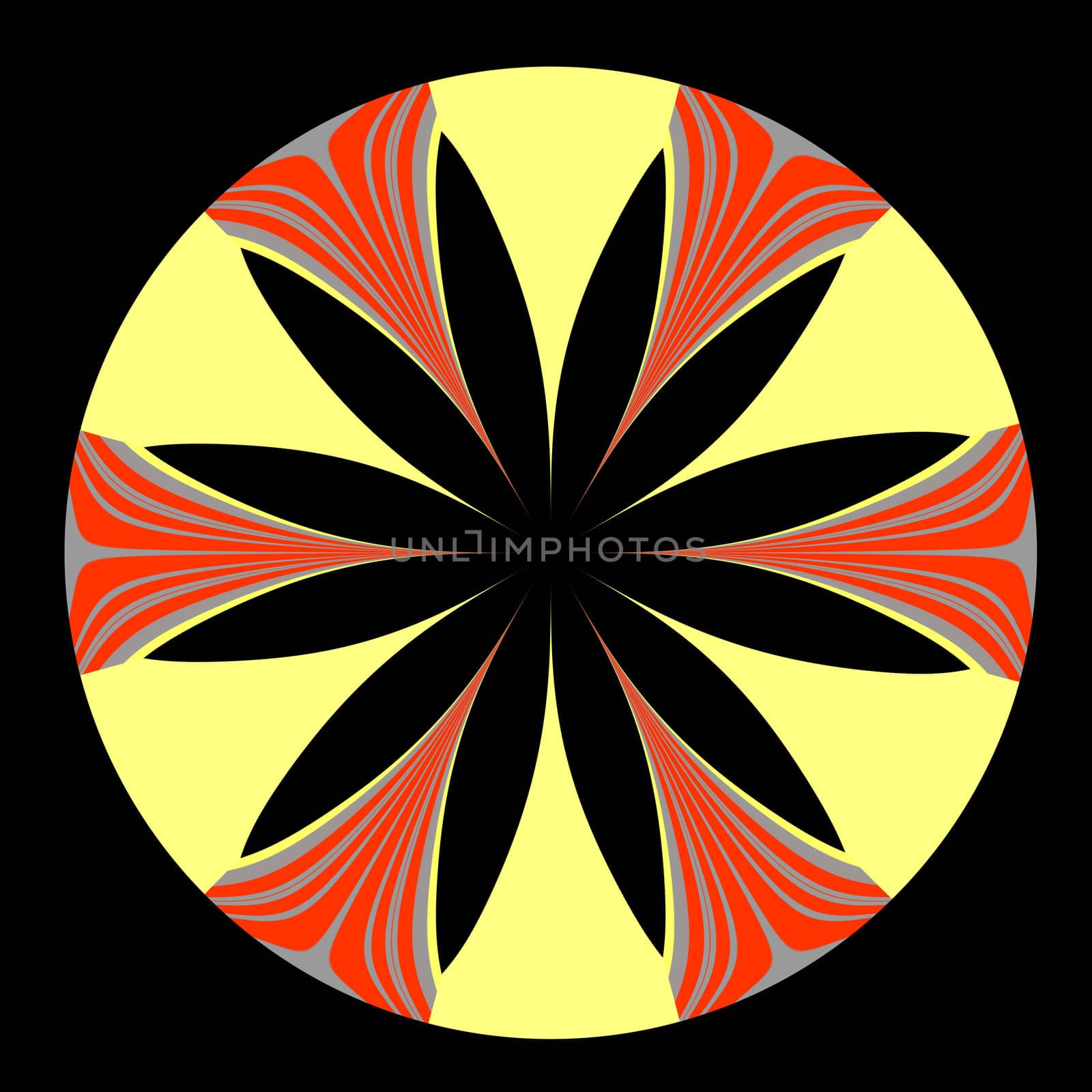 A floral abstract done in shades of yellow, red, and gray on a black background.