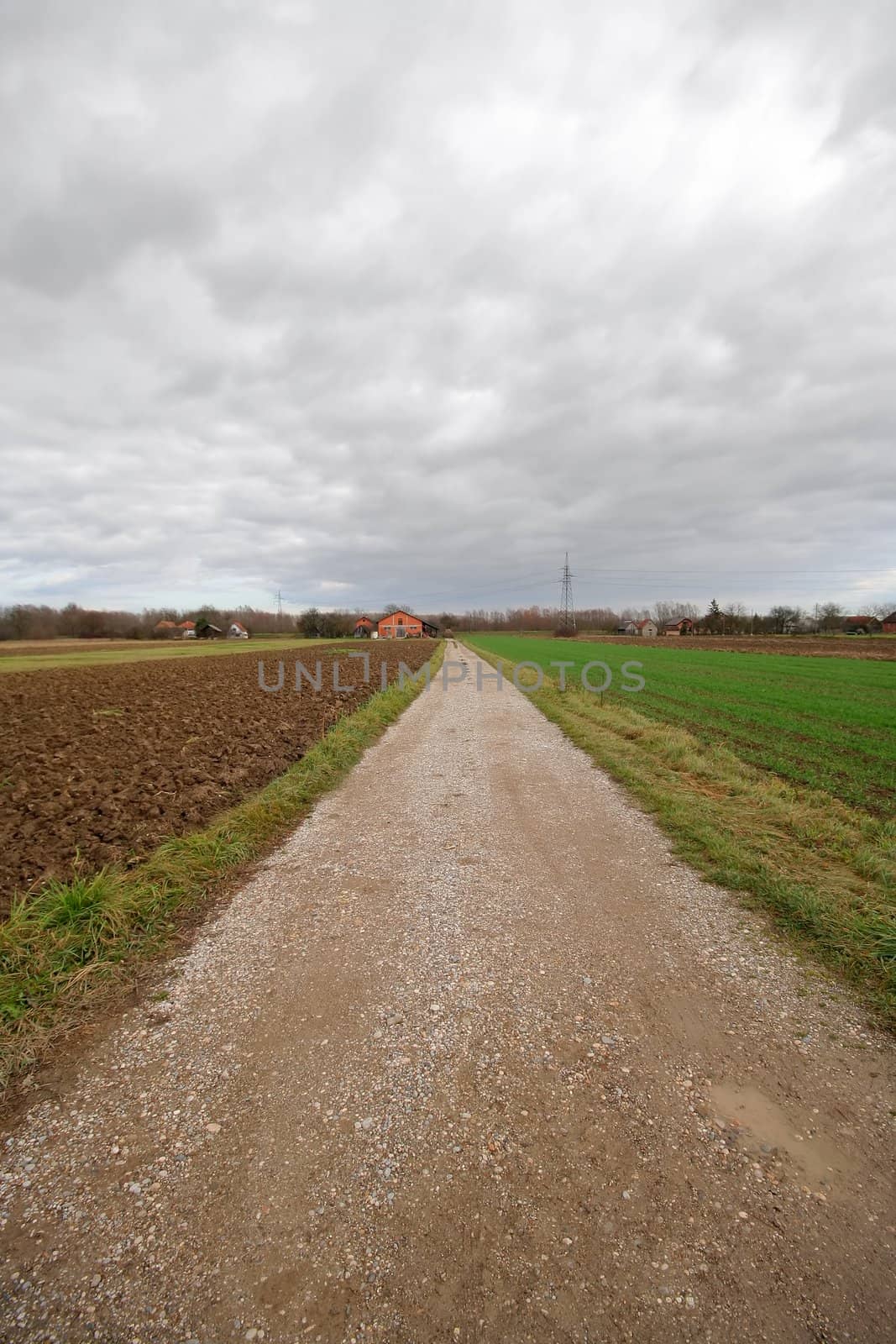 Part through fields under stormy sky