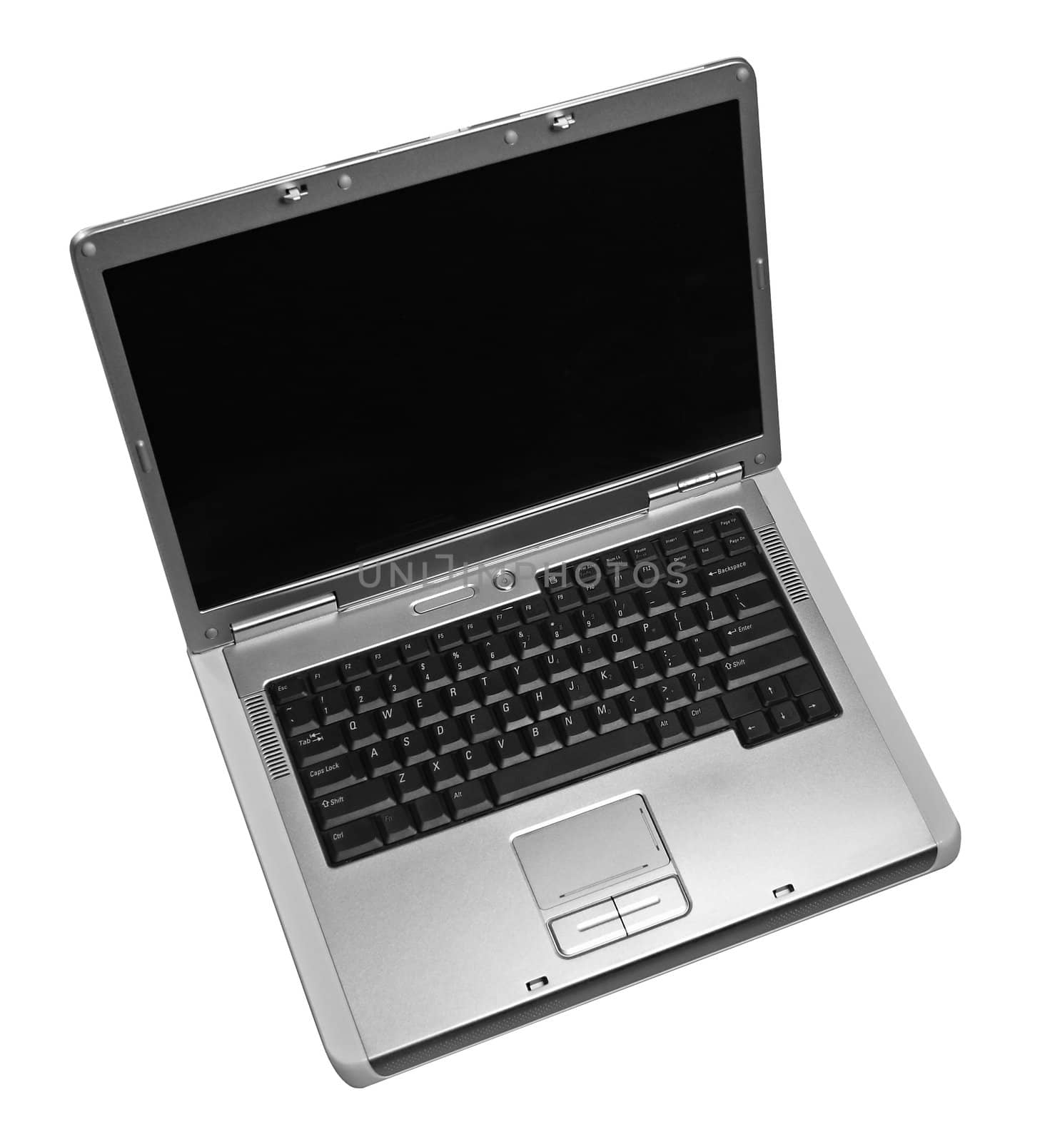 Laptop keyboard in black and white.