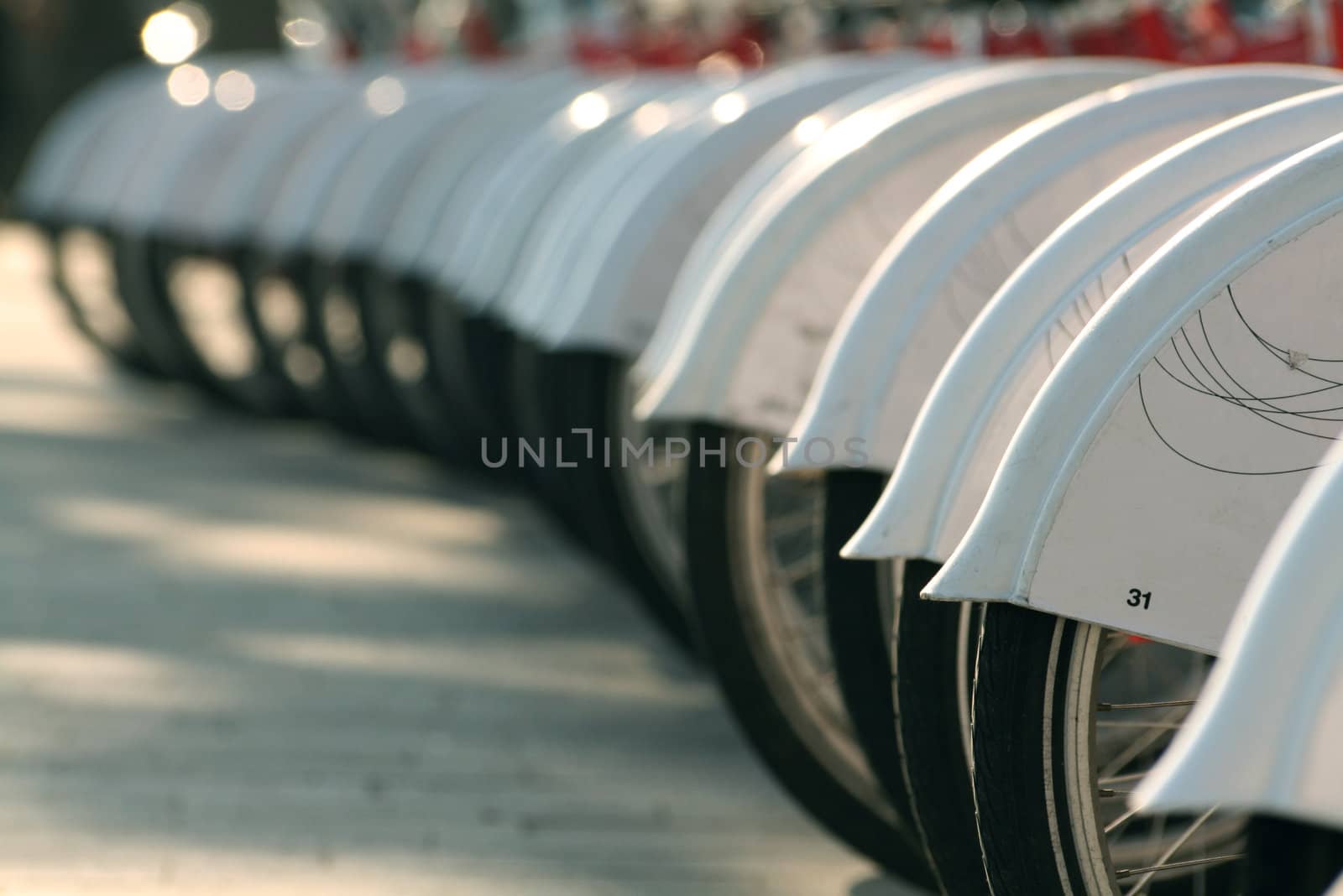 a row of white bicycles in perspective
