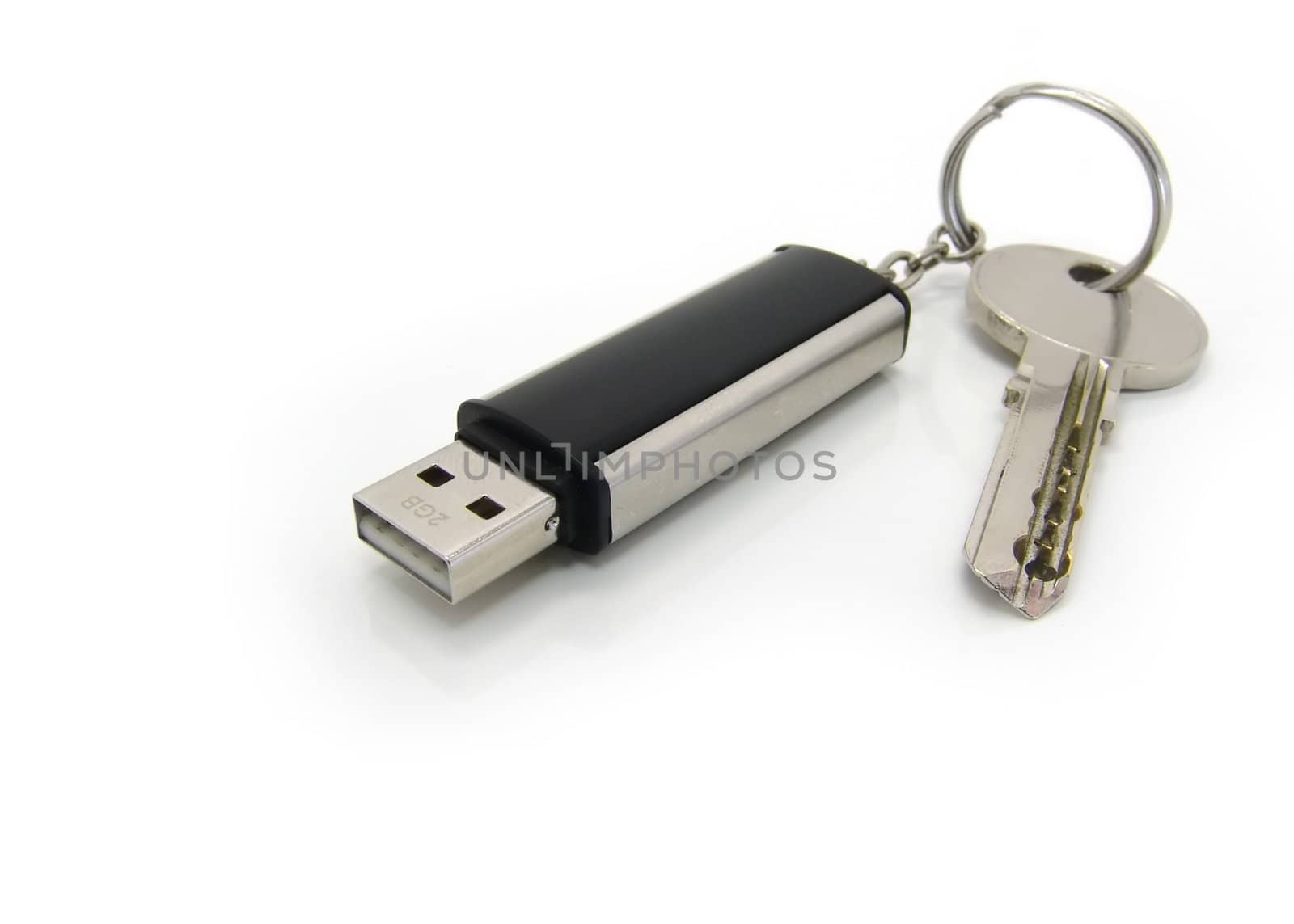 USB drive on keyring with a key. Close up.                   