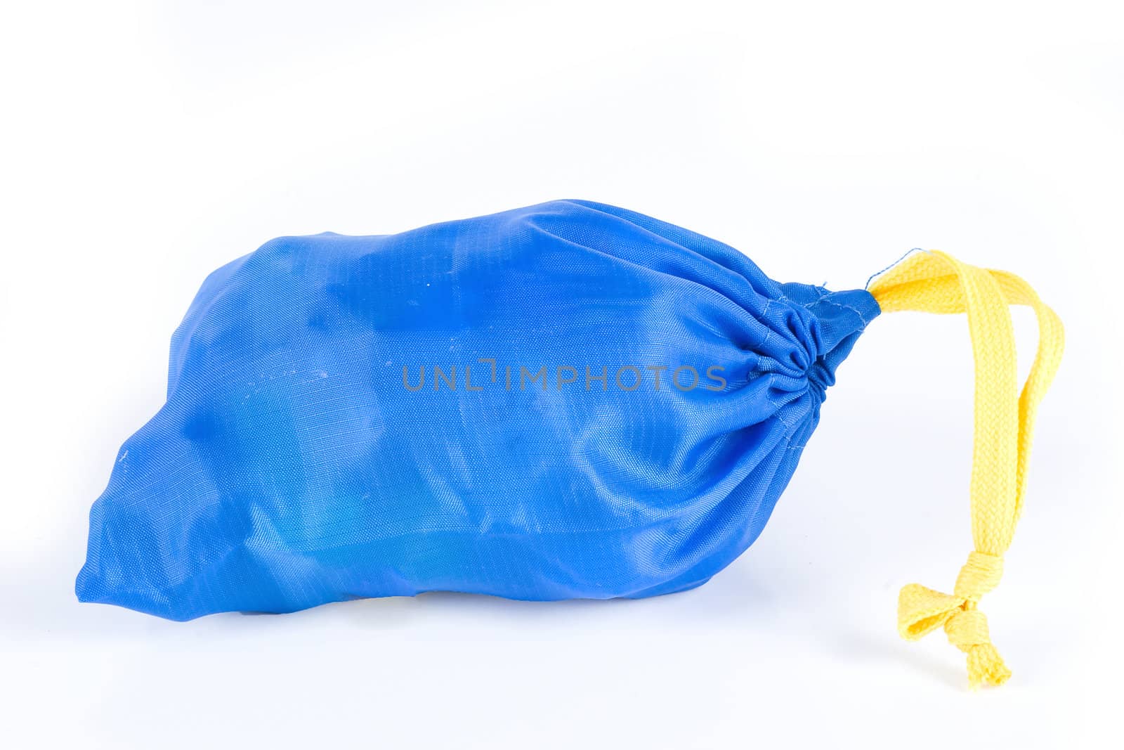 a blue bag with a yellow drawstring