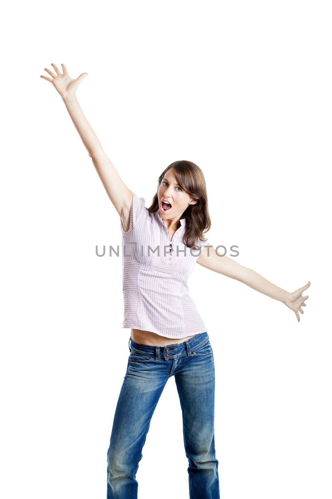 Beautiful and happy young woman, isolated on white with arms open