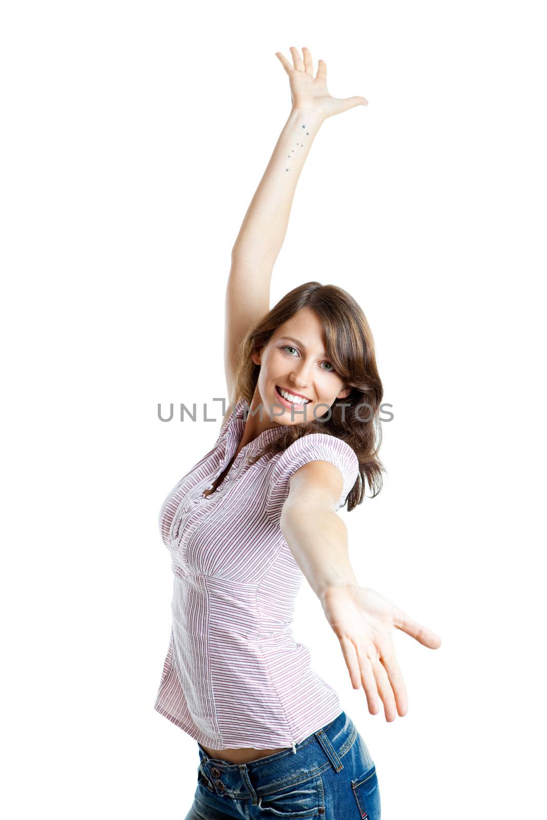 Beautiful and happy young woman, isolated on white with arms open