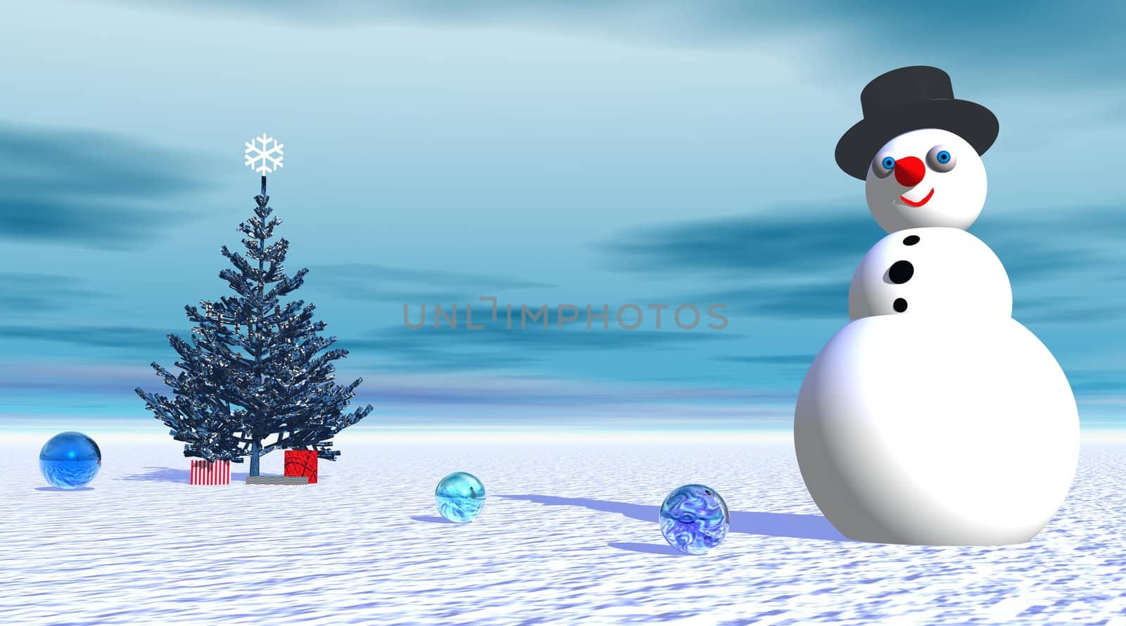 Smiling snowman near fir tree and gifts by cloudy weather