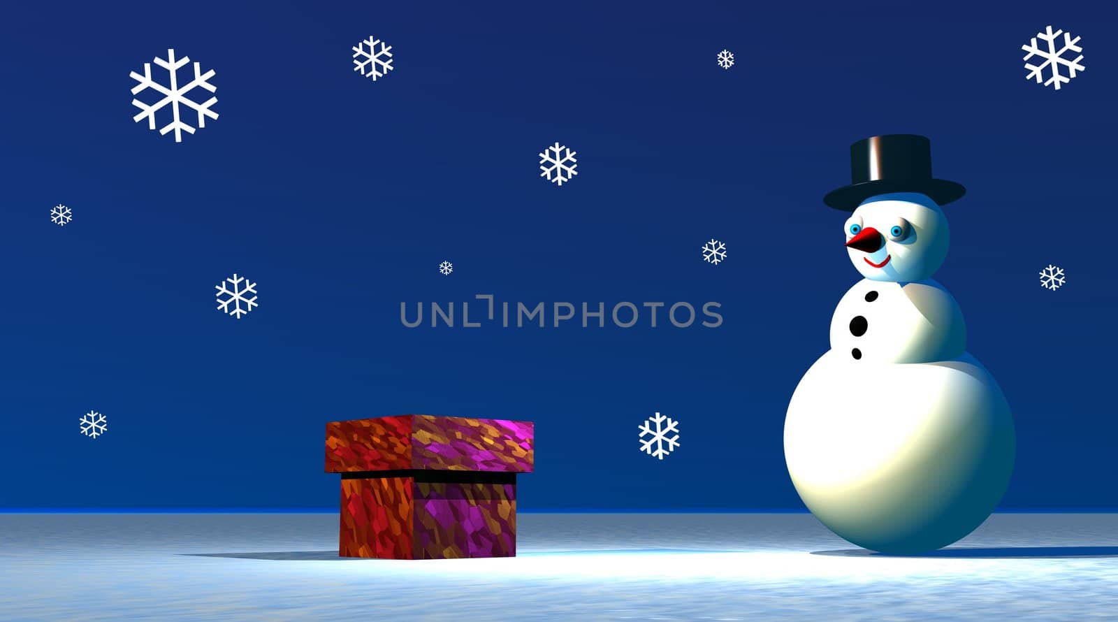 Snowman wearing a black hat smiling looking at a gift box by snowing night