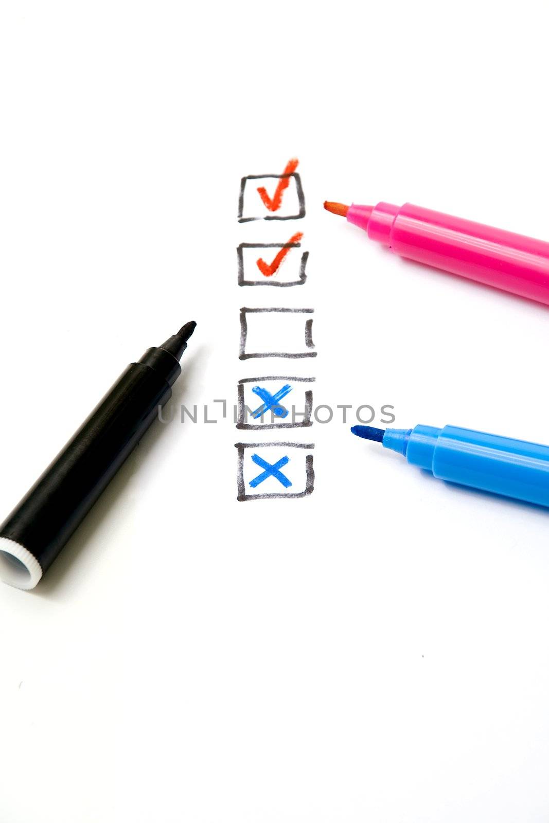 Check list and color markers on white background
