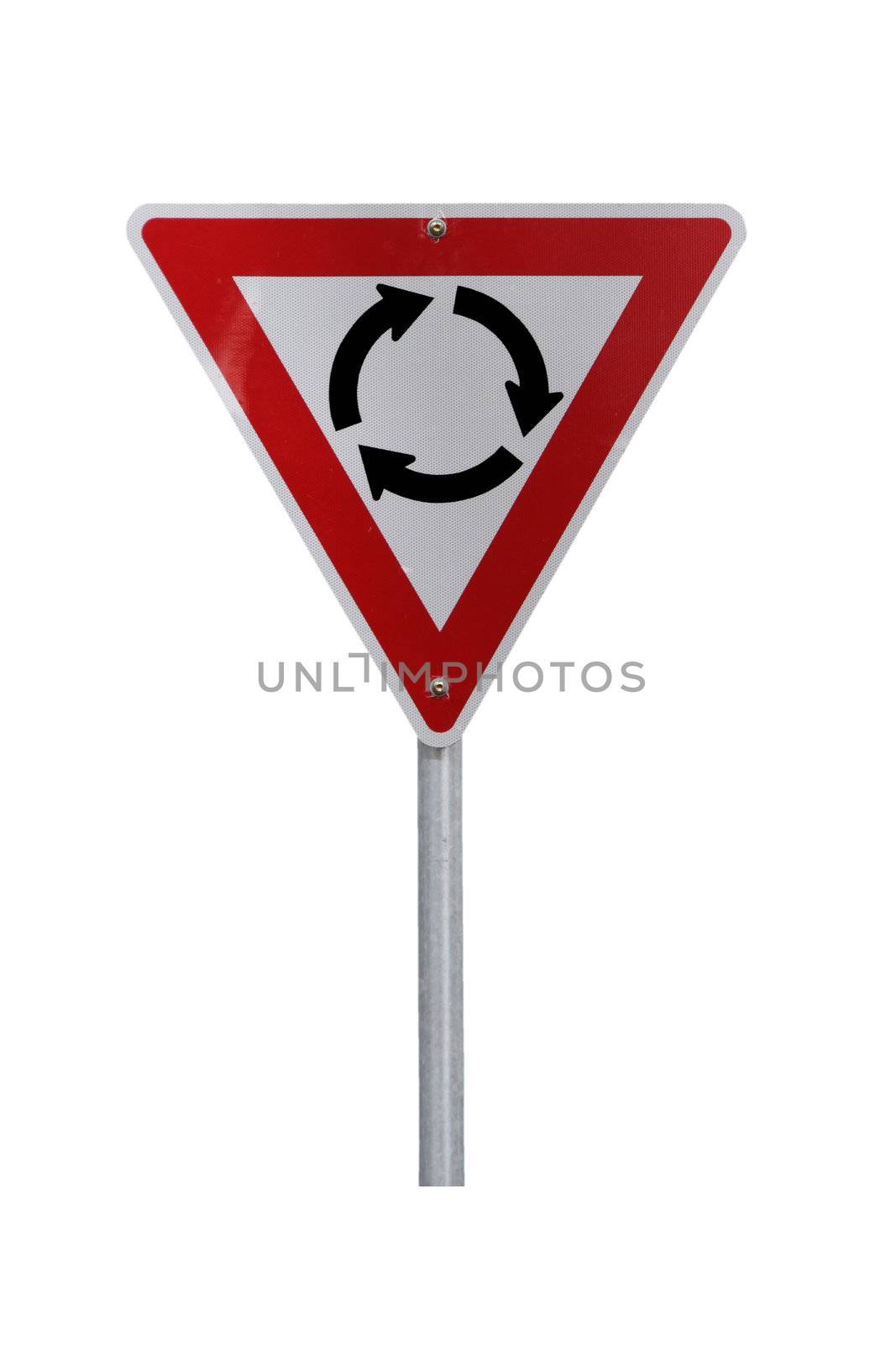 Roundabout Warning Sign - Current Australian Road Sign for left-hand traffic (reflective). Isolated on White