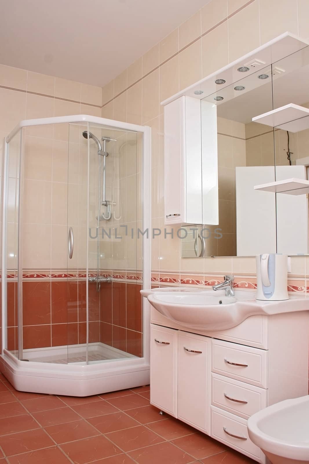 Bathroom with a per capita cabin, a sink and a mirror

