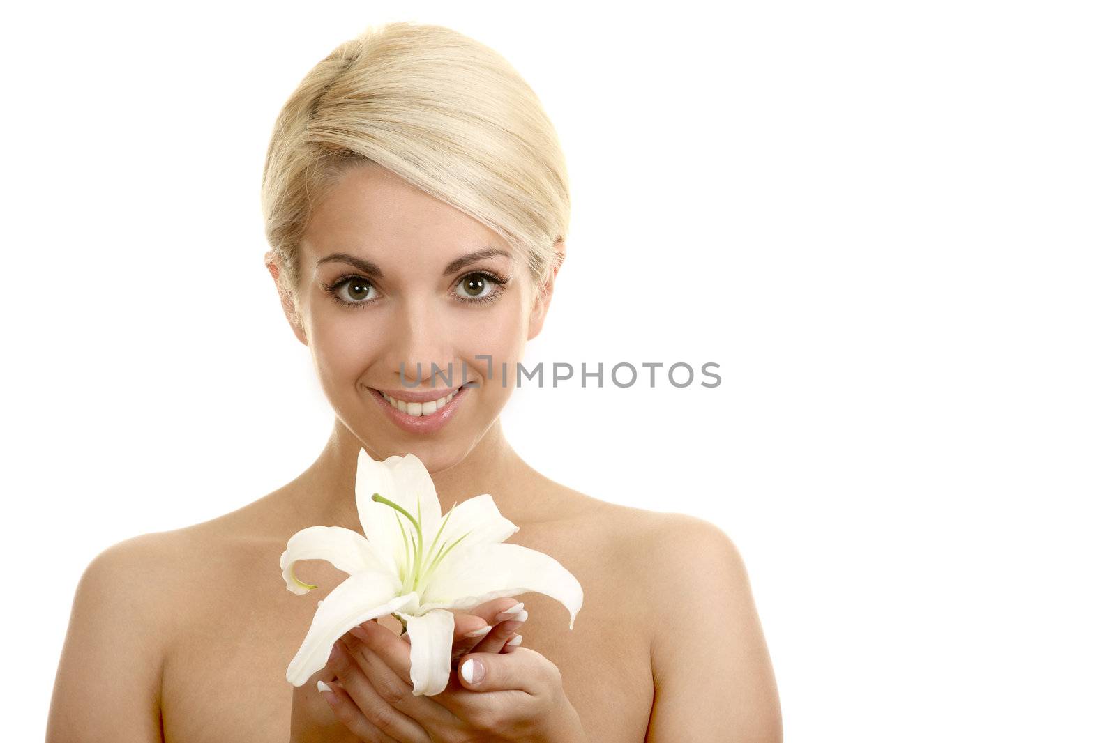 The beautiful girl, the blonde with a white lily on a white background
