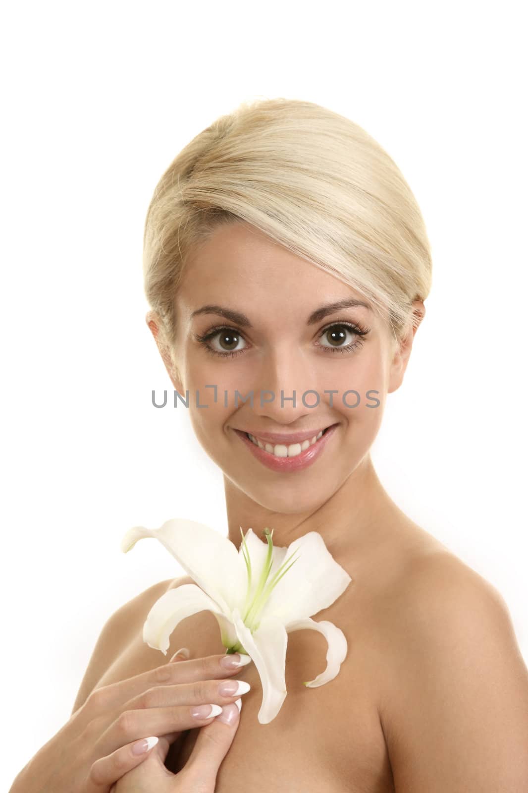 The beautiful girl, the blonde with a white lily on a white background
