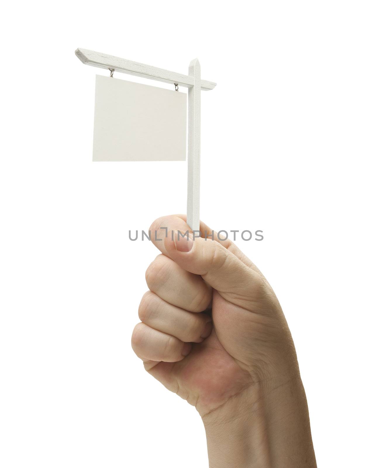 Blank Real Estate Sign In Male Fist Isolated On a White Background.