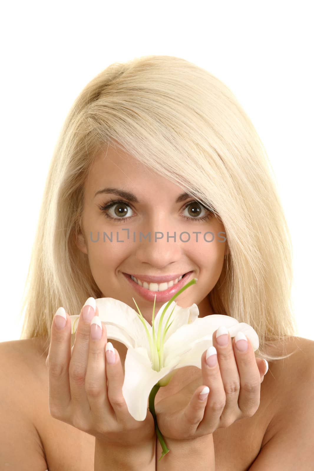 The beautiful girl, the blonde with a white lily on a white background
