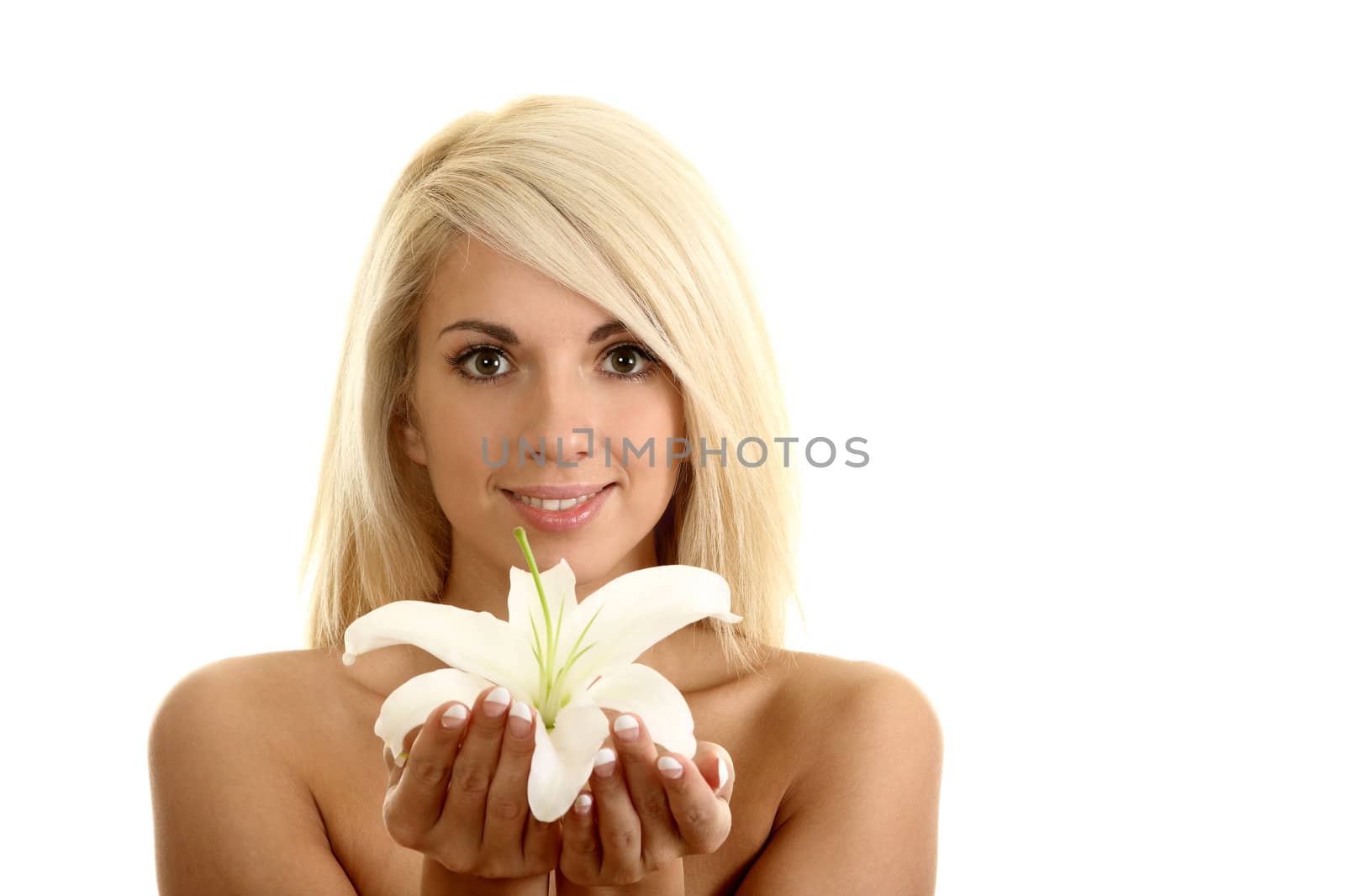 The beautiful girl, the blonde with a white lily on a white background
