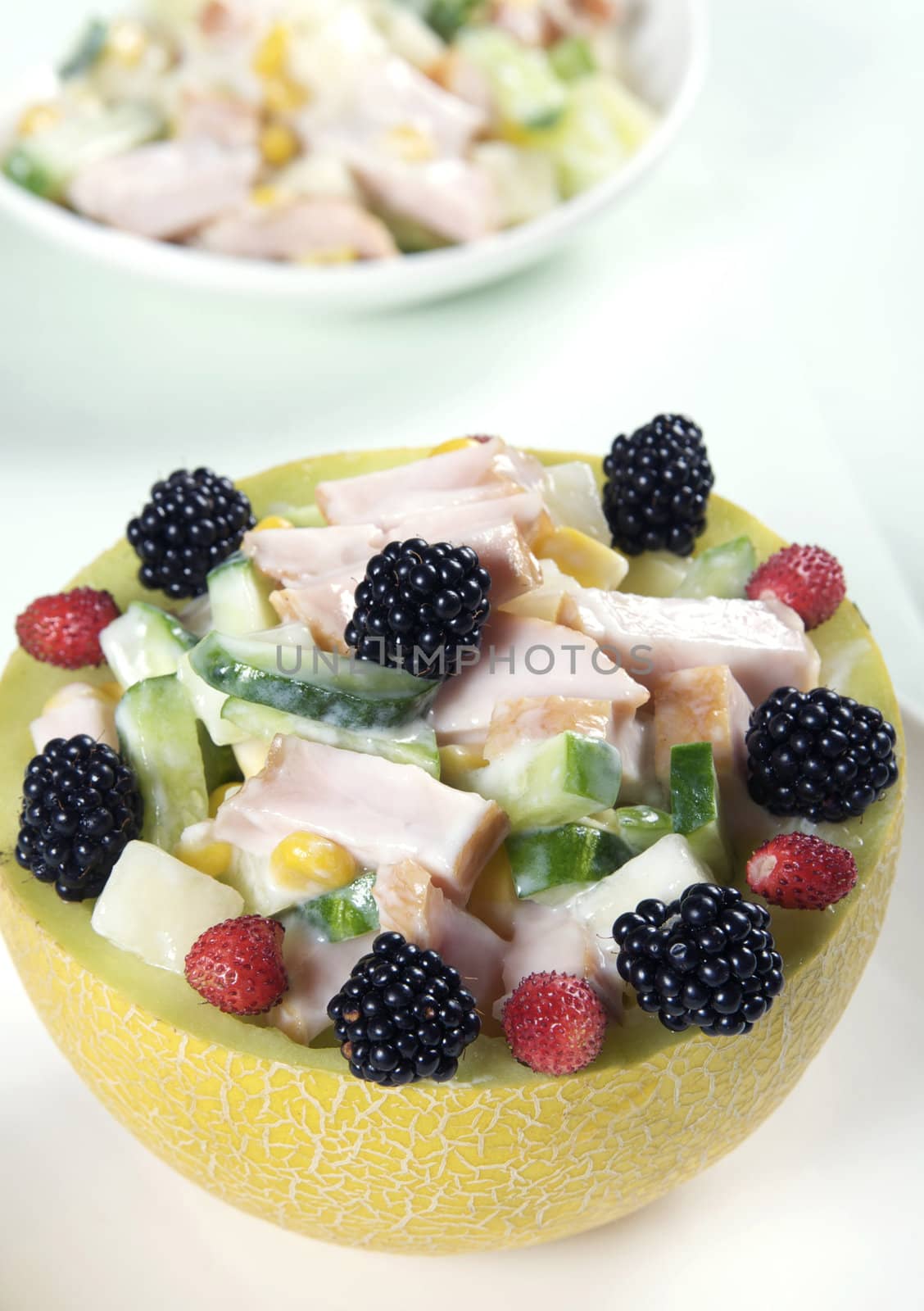 chicken with fruits in melon - delicious dessert 

