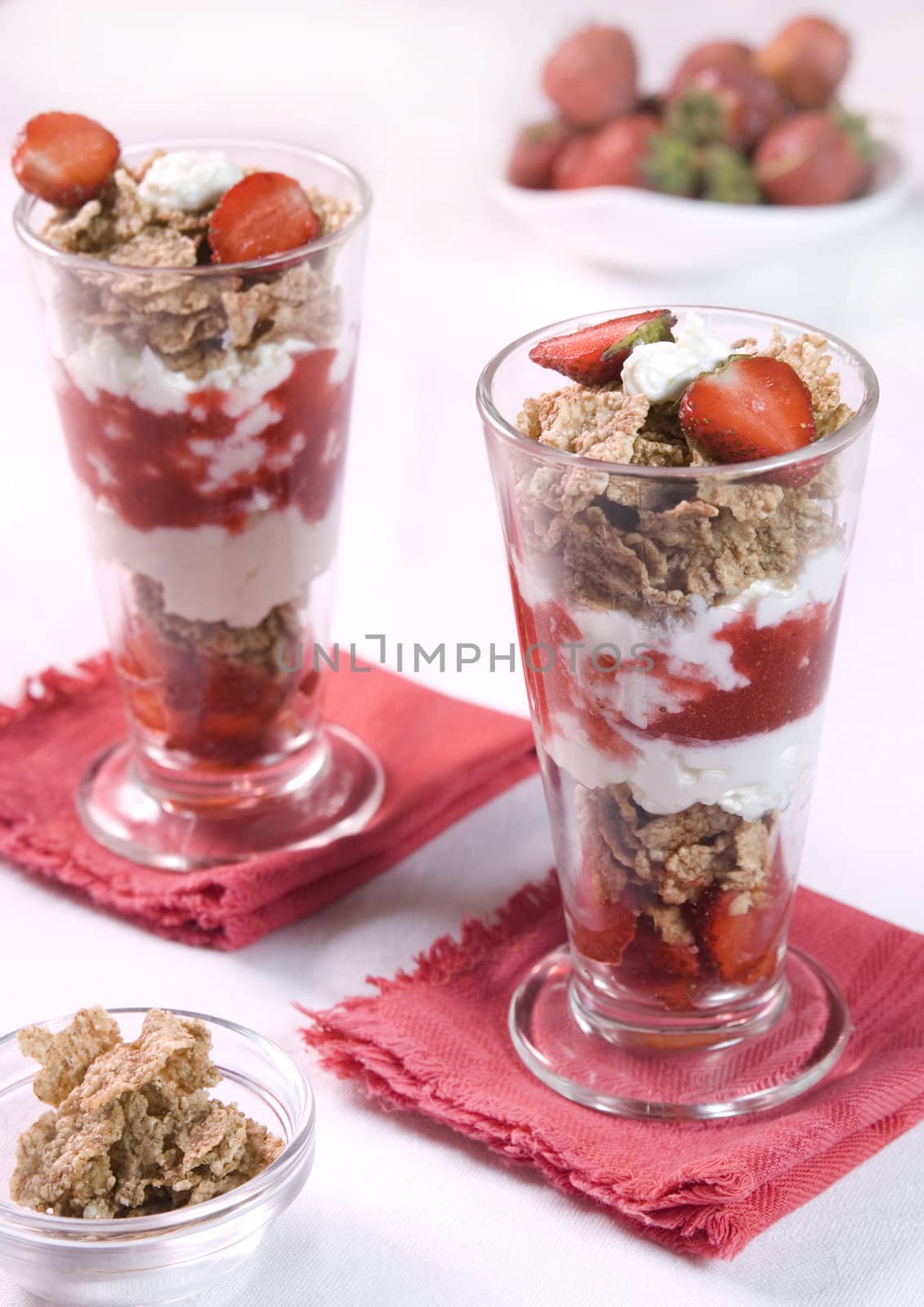 Fresh strawberries dessert with cereals