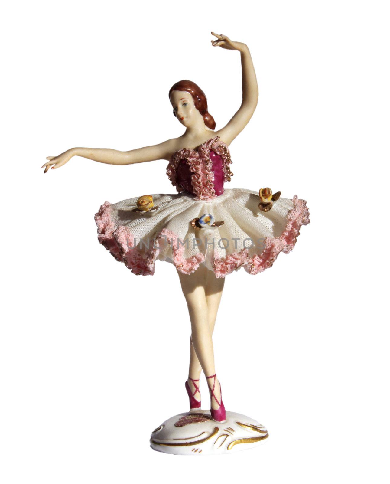 Antique Dresden Lace Porcelain Ballerina Figurine, isolated on white