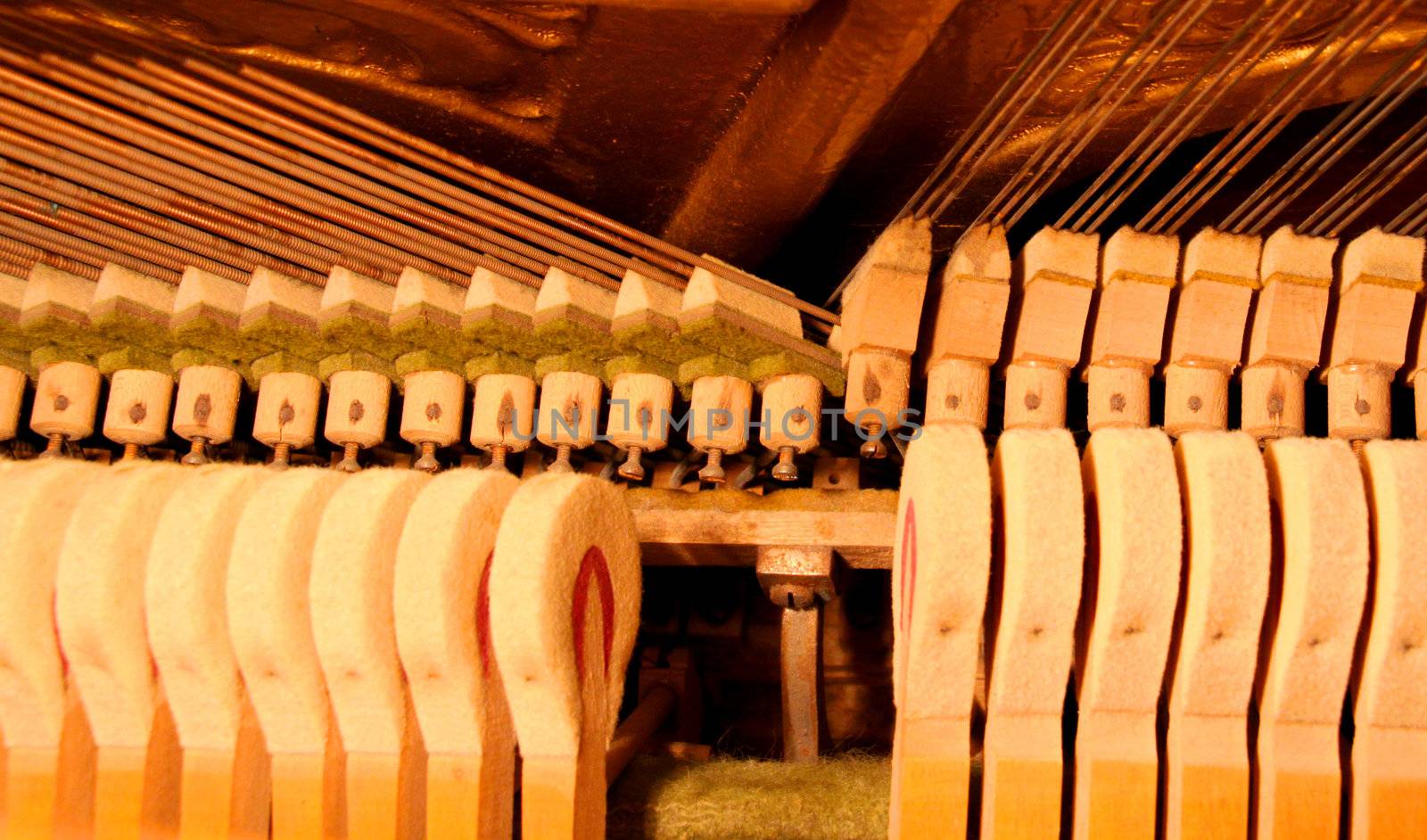 Inside an Upright Piano - Felt Hammers used to strike Steel Strings