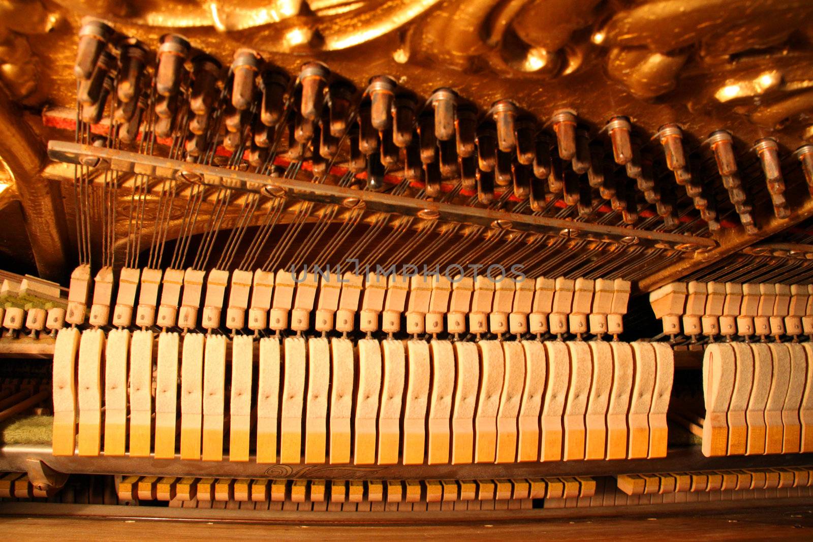Inside an Upright Piano - Felt Hammers used to strike Steel Strings by Cloudia