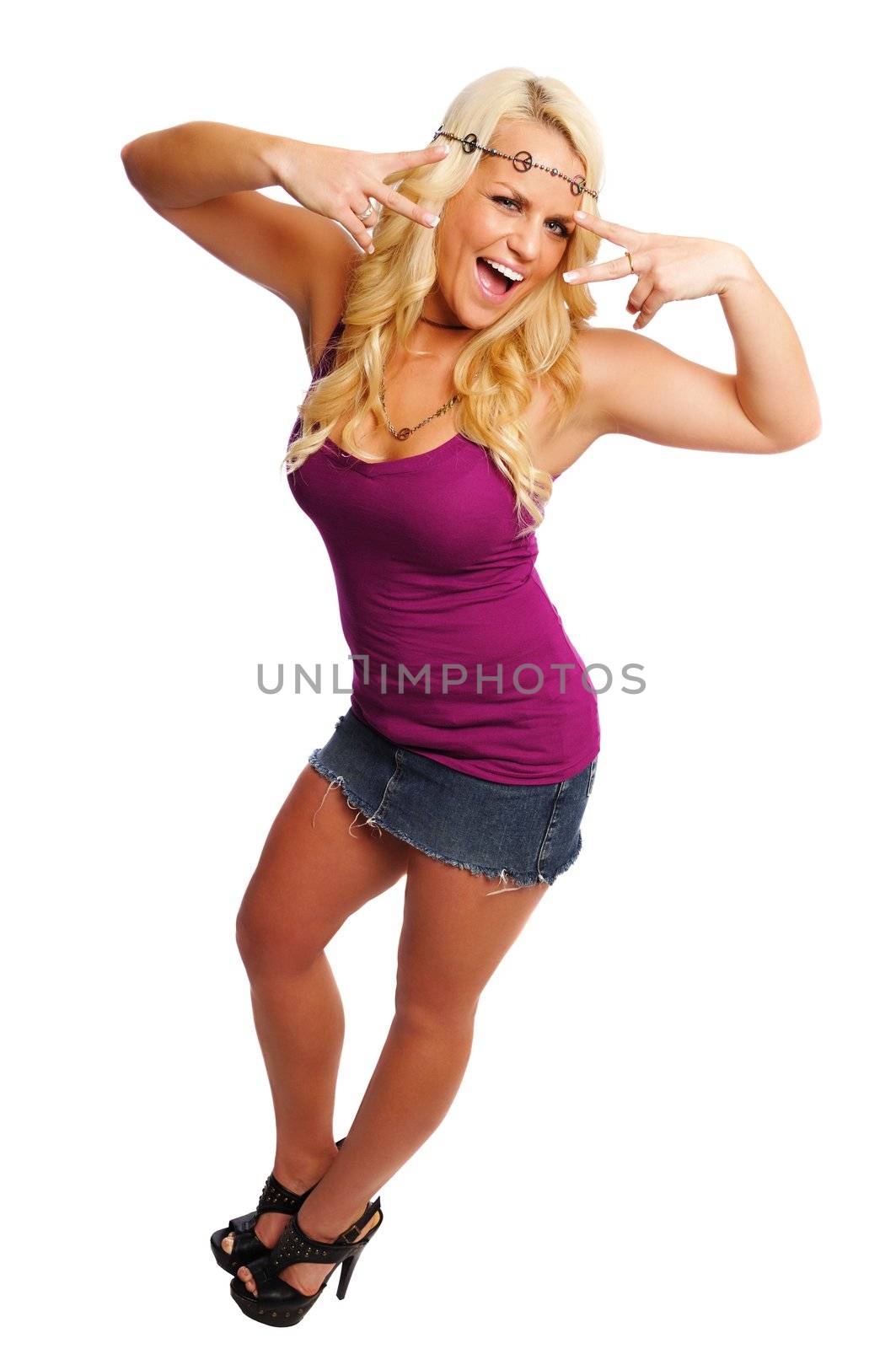 attractive blonde shows peace signs set on a white background