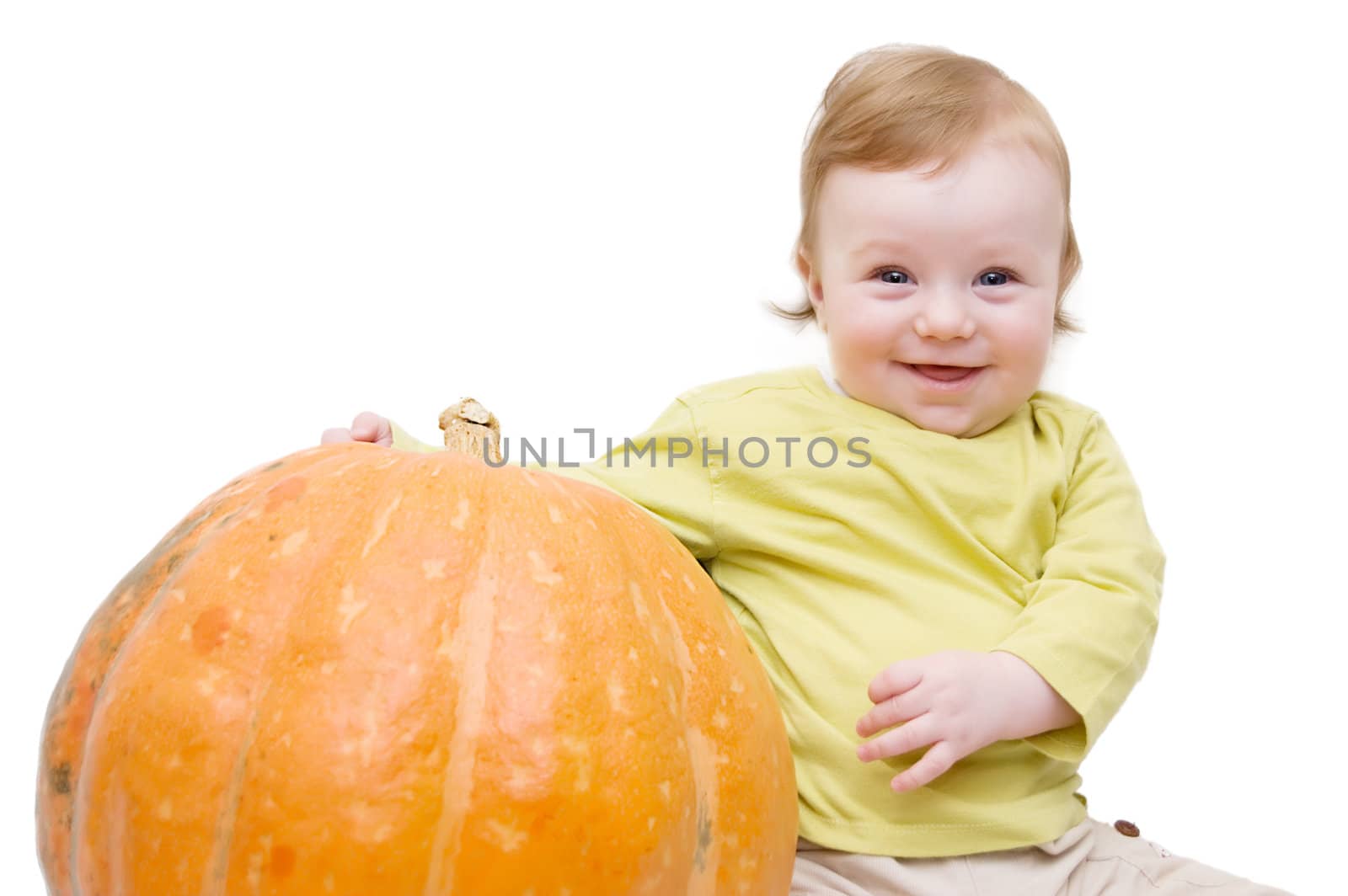 Smiling baby boy playing with pumpkin by Angel_a