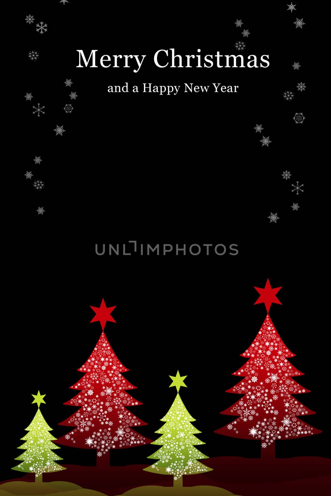 Christmas tree with snow sky background, Greeting card background