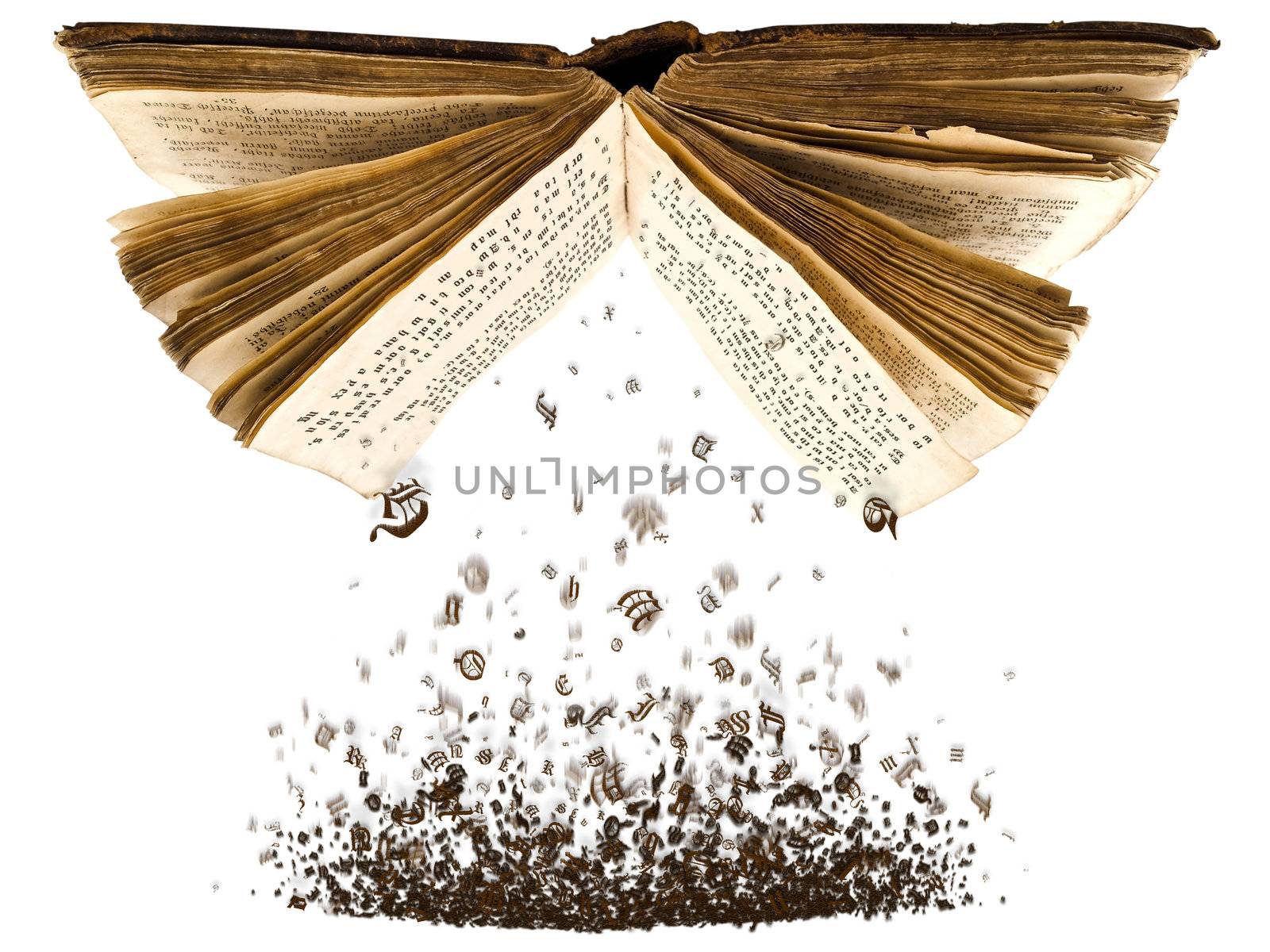 open book with spill out characters from it against the white background