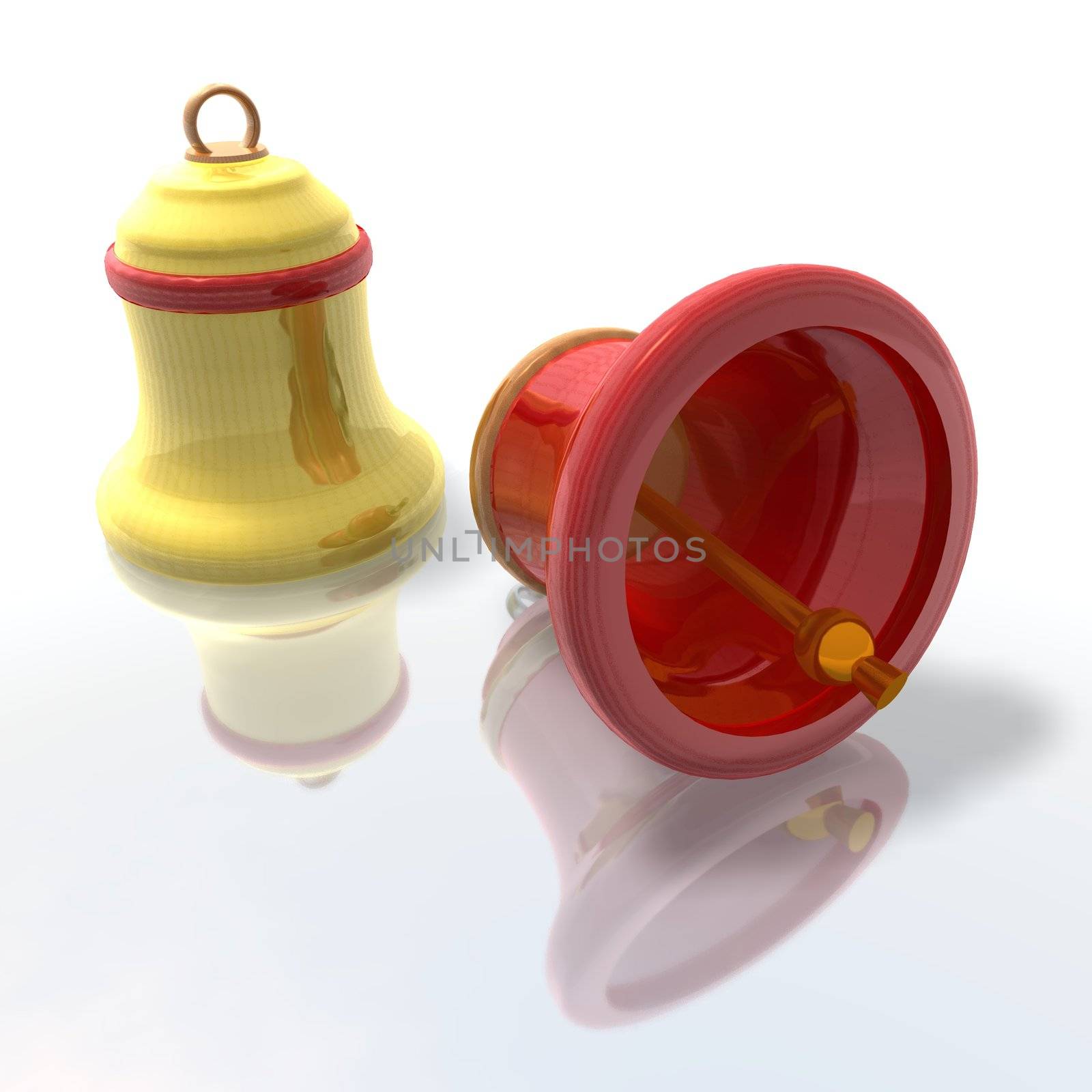 a 3Drender of some yellow and red bells with reflection
