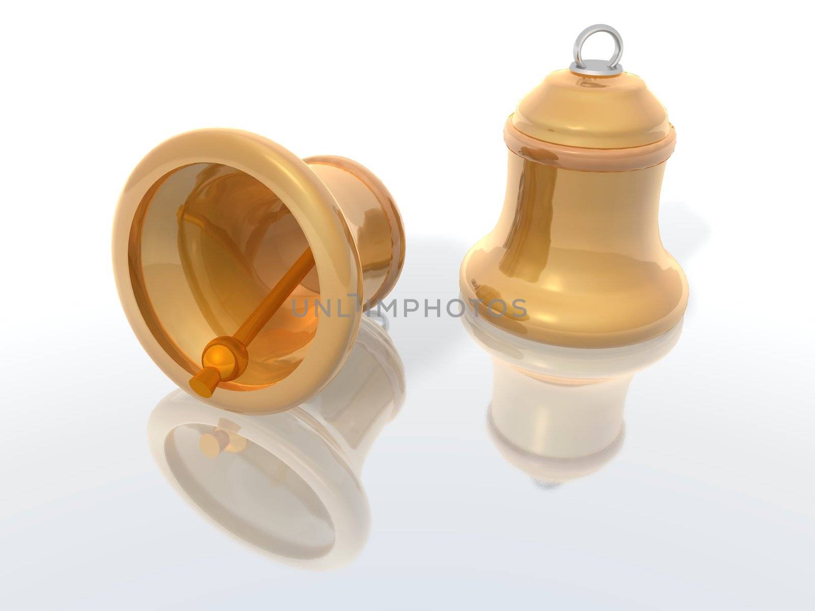 a 3D render of two golden bells