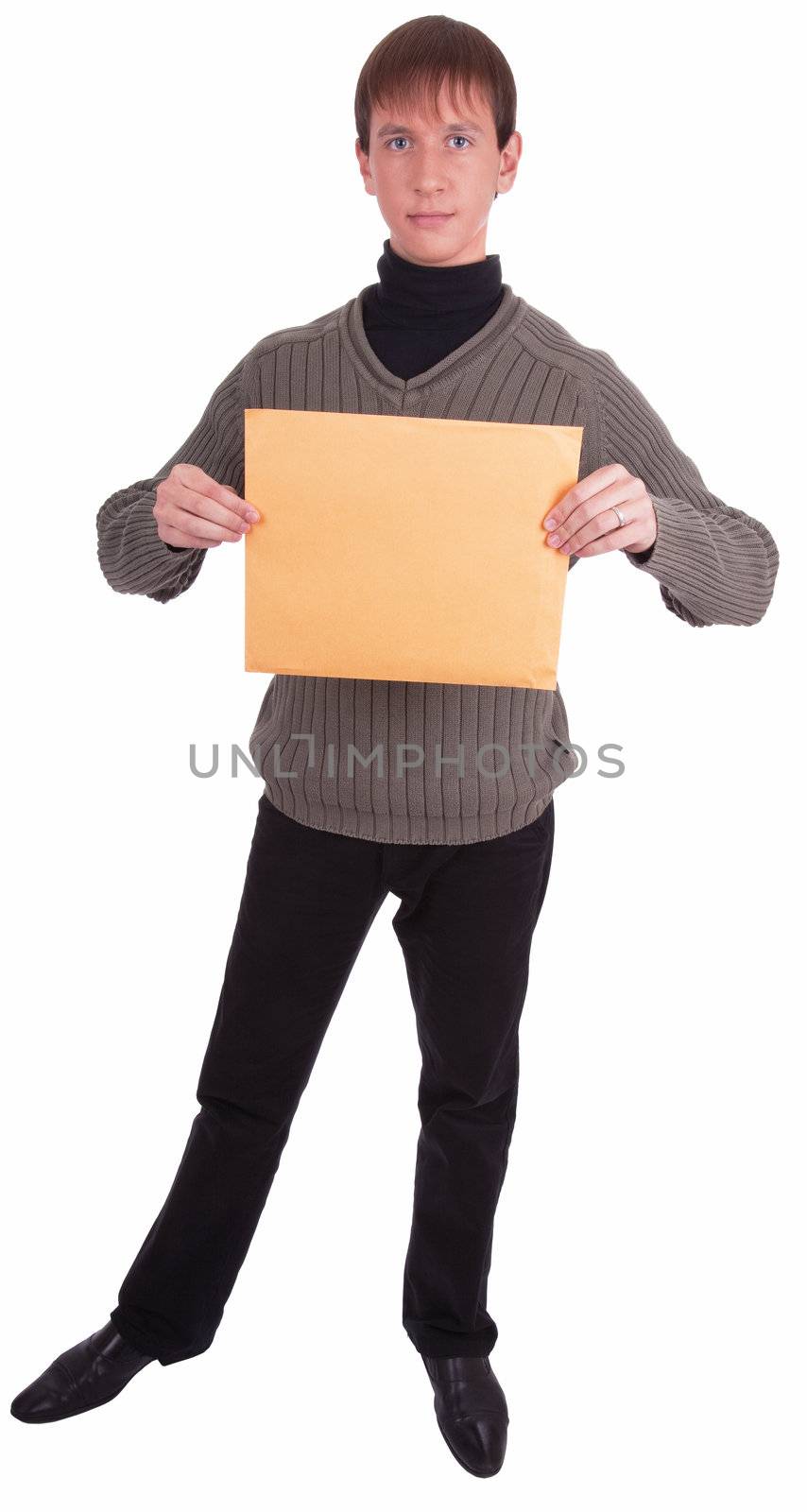 teenager - courier with a package (letter)  on white