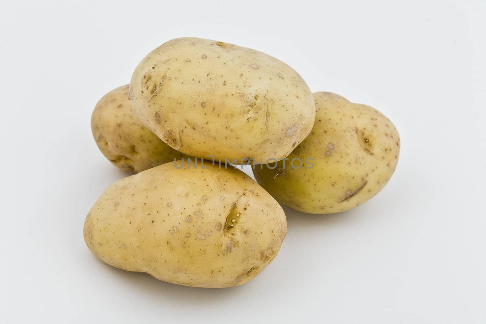 four young potatoes with gentle shadow on natural background