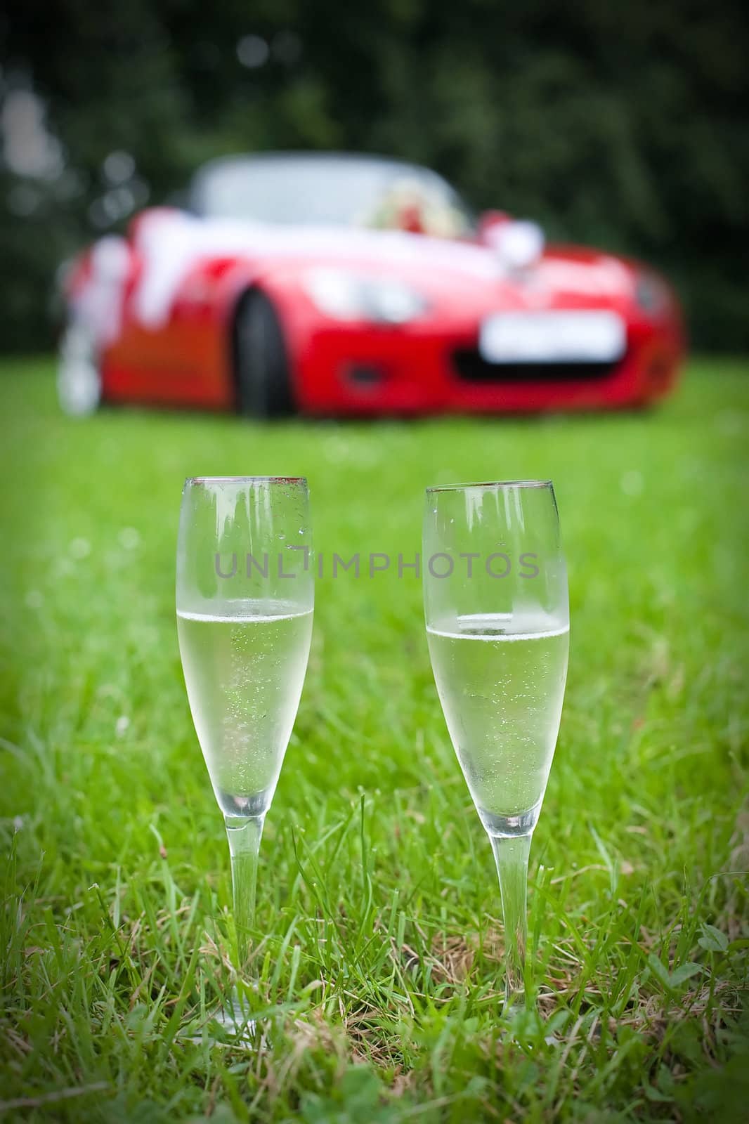 two champaign glasses on red car background
