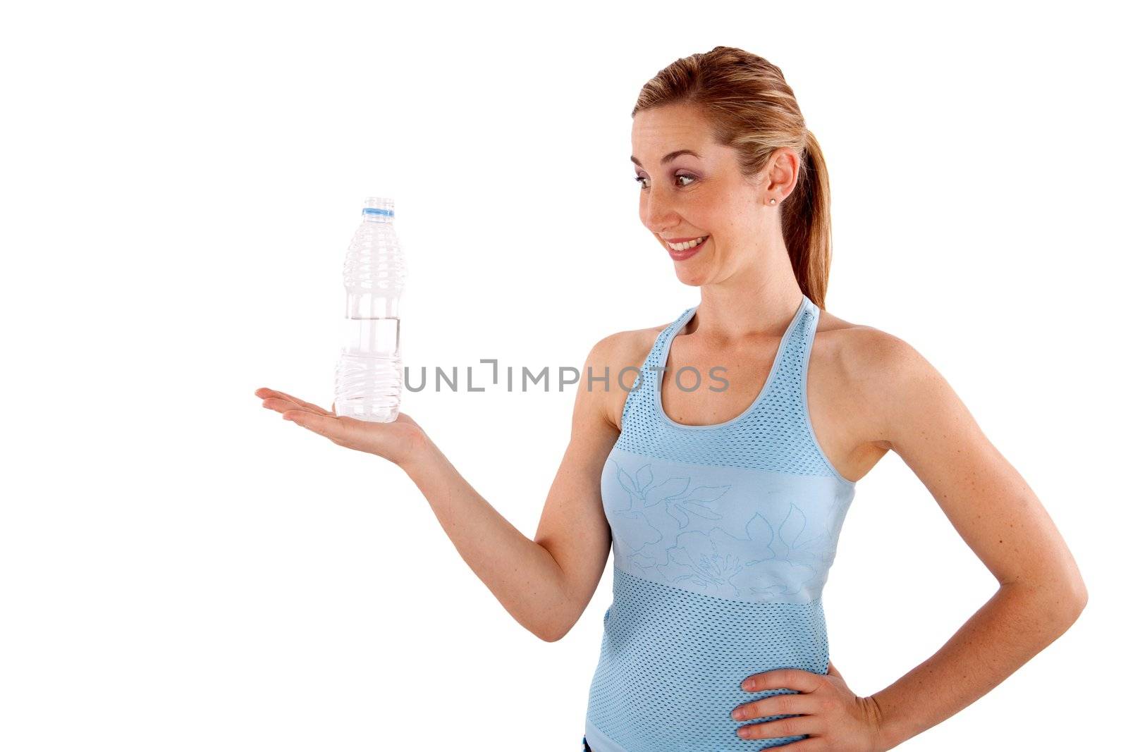 Young lady with bottle of water on white
