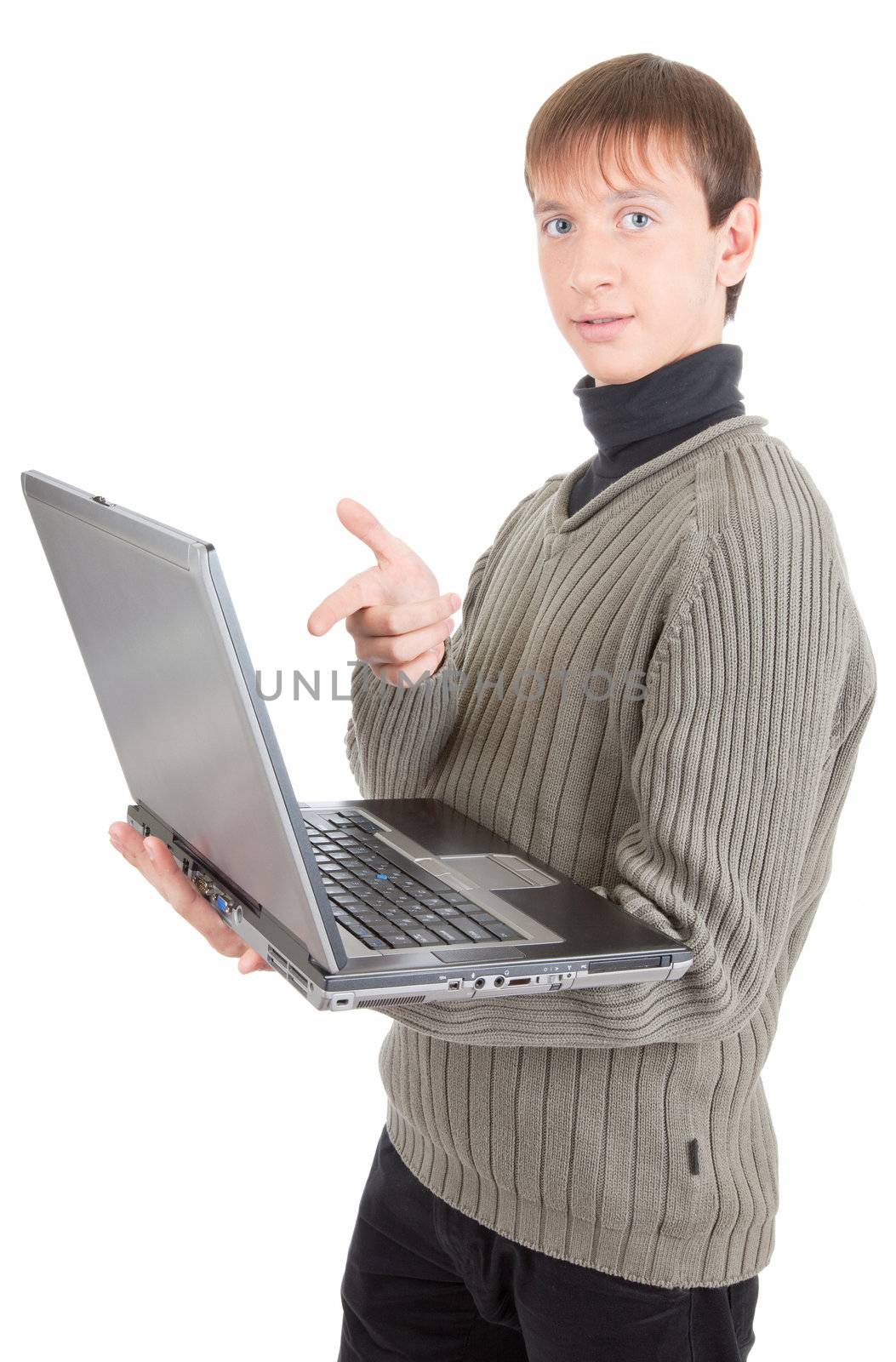 young man  handing  laptop on white background