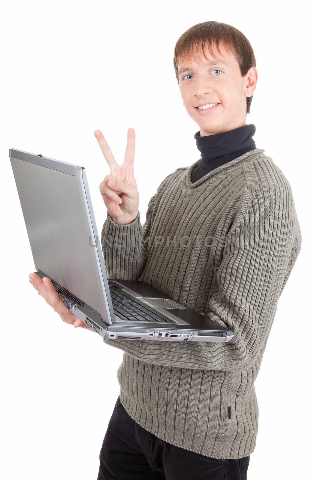 young man  handing  laptop on white background