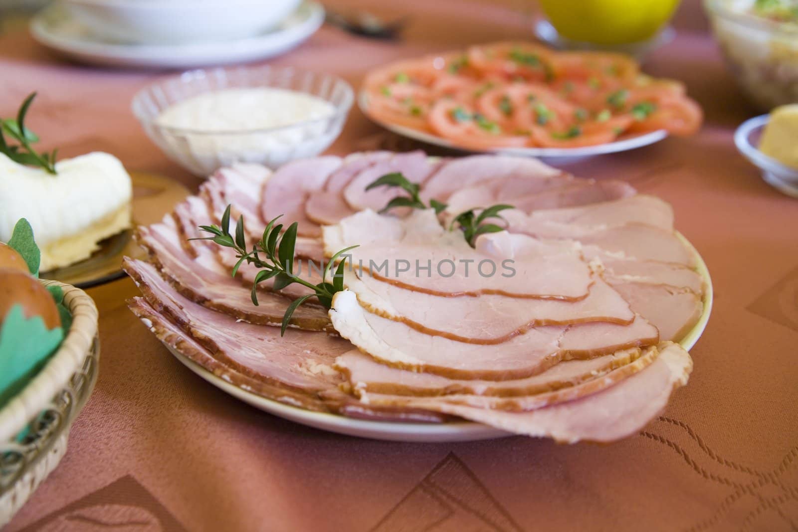 slices of ham on the easter breakfast
