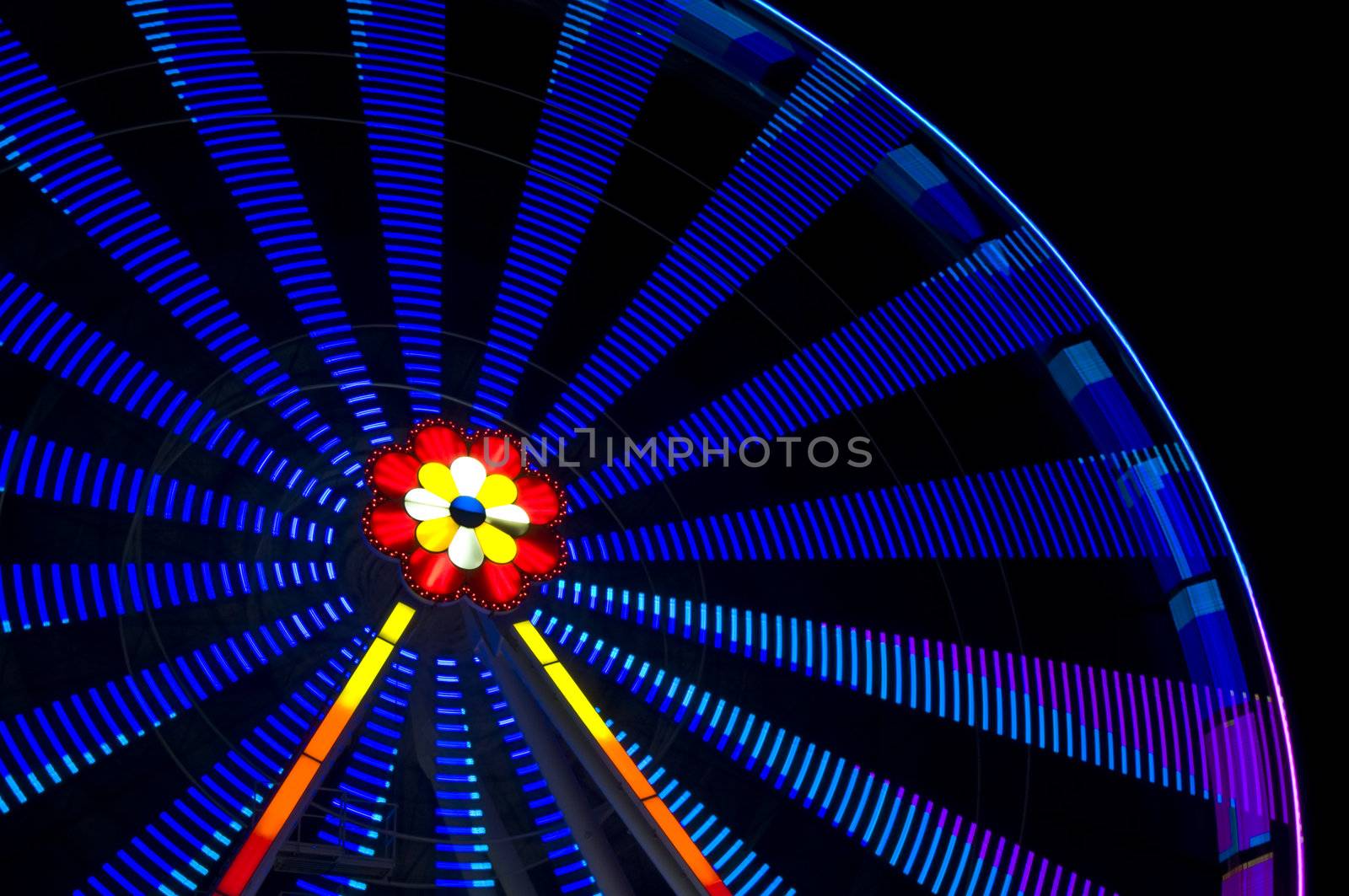 motion blur of a colorful ferris wheel at night
