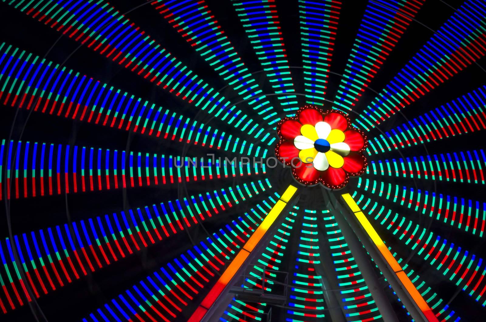 motion blur of a colorful ferris wheel at night