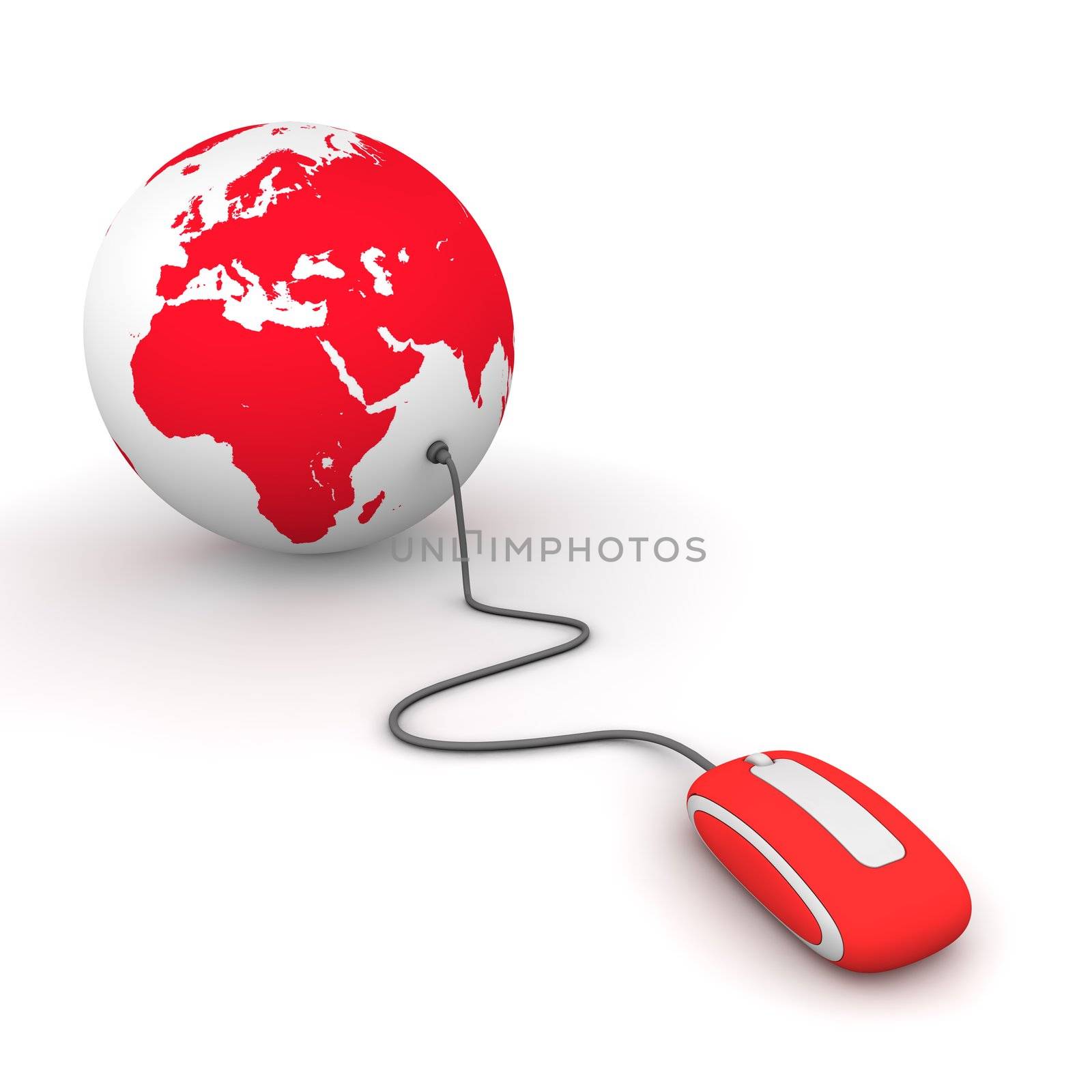 modern red computer mouse connected to a red globe