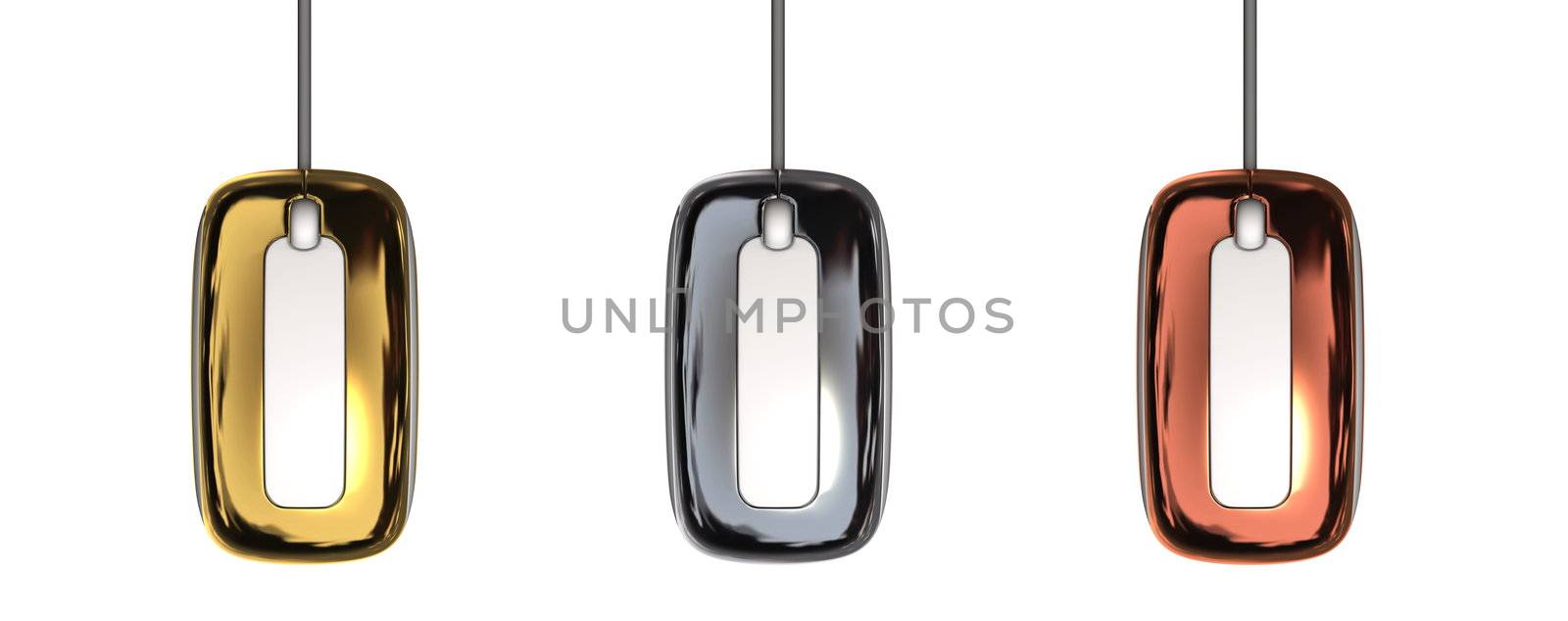 topview of three modern computer mice in different colours - gold, silver, bronze