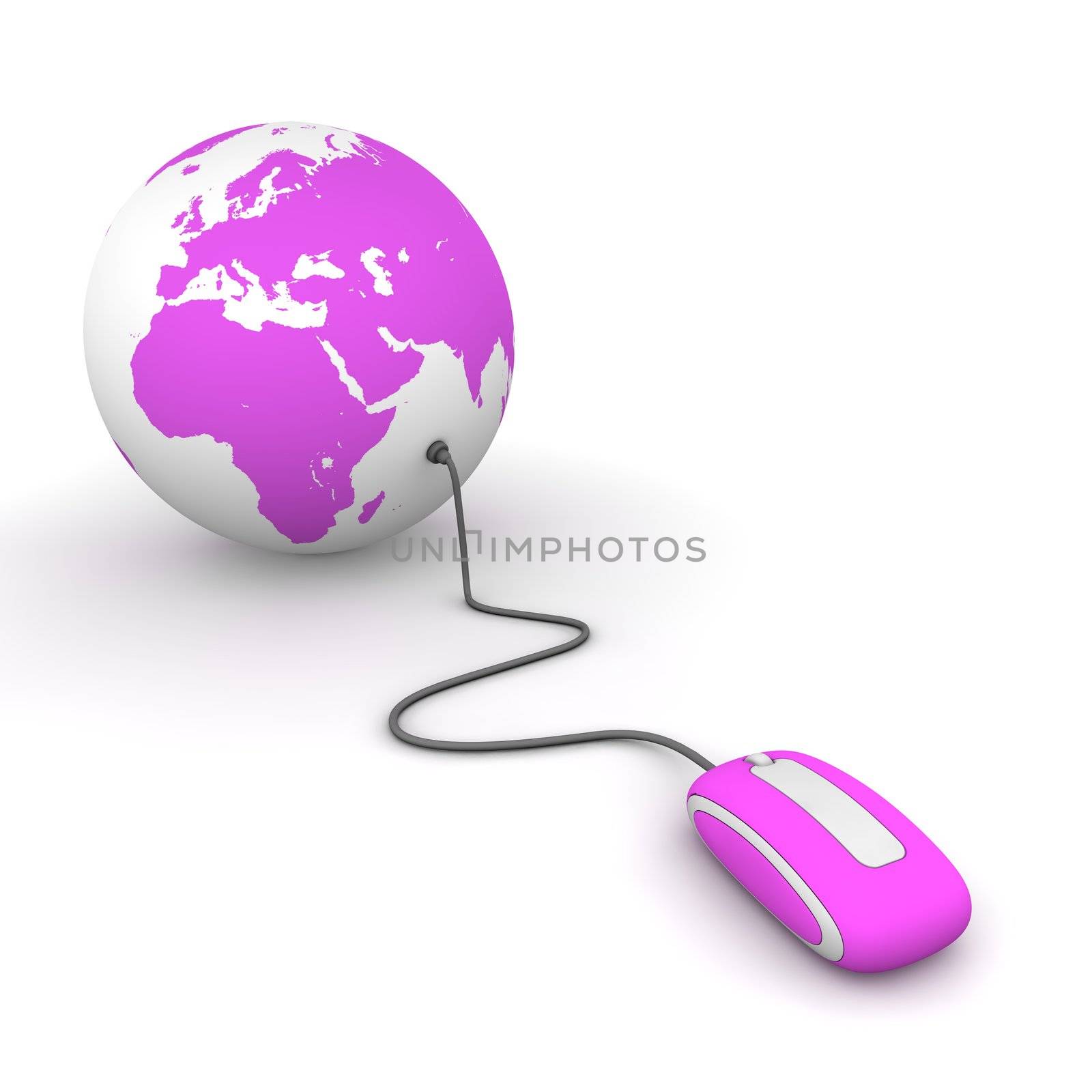 modern purple computer mouse connected to a purple globe - magenta, pink