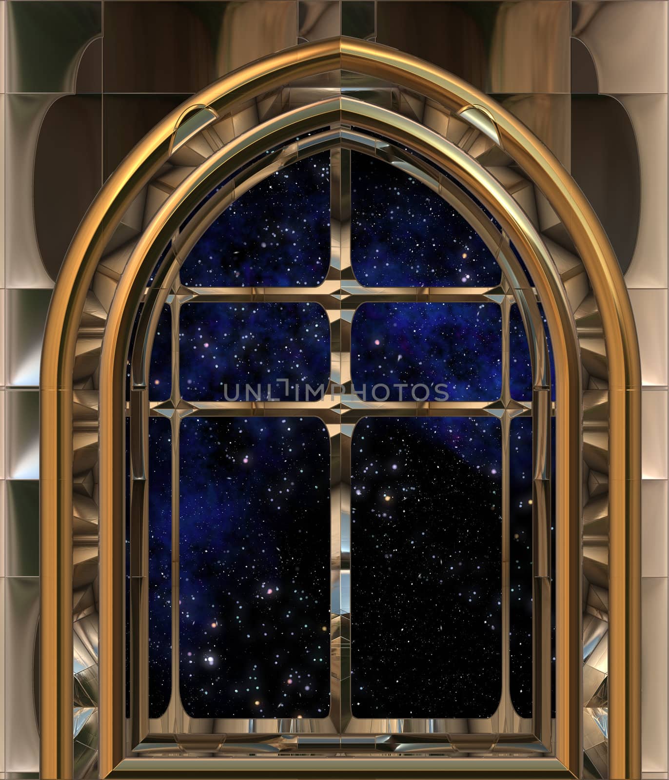 gothic or science fiction window looking into space or starry night sky