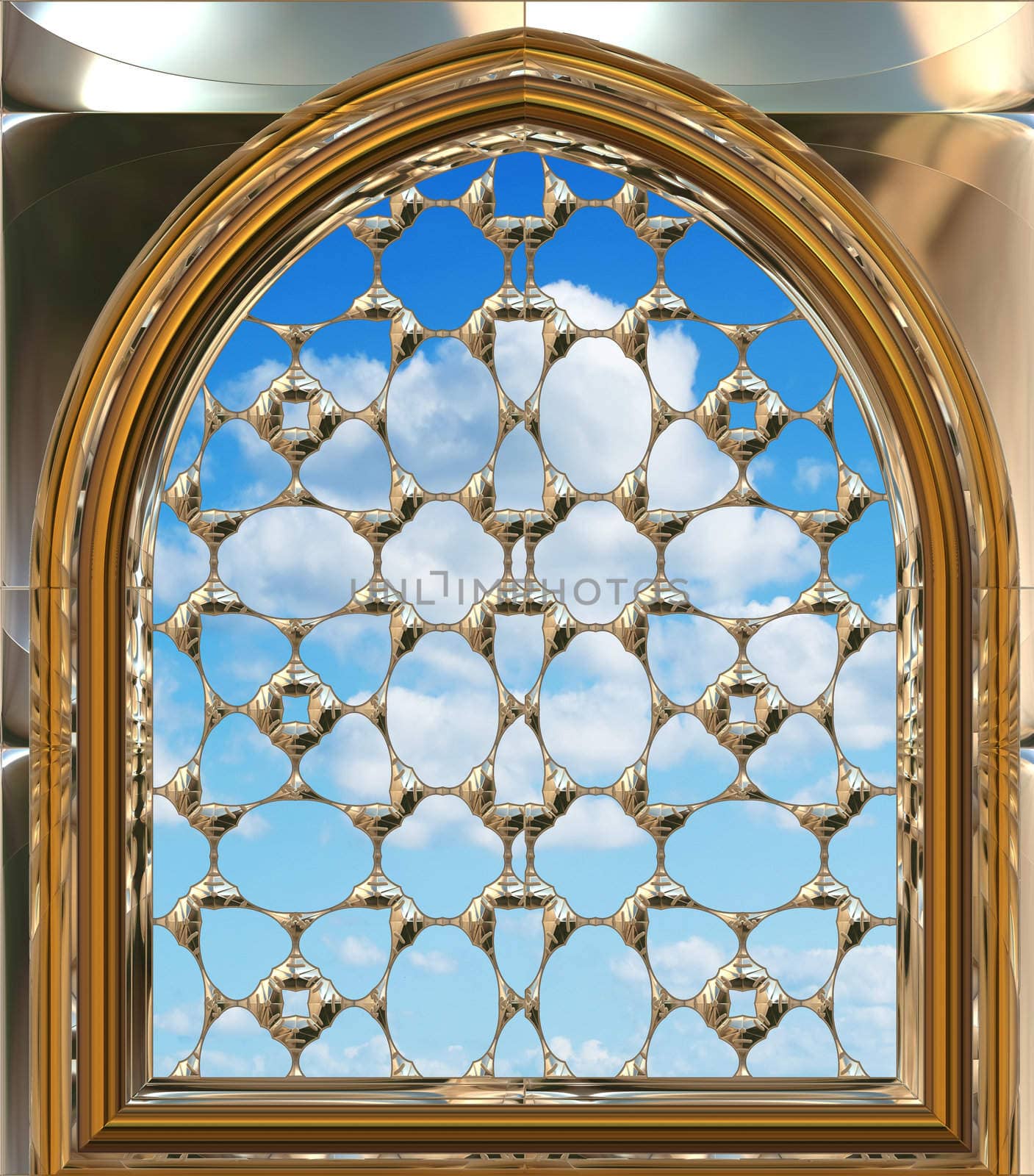 image of a gothic or science fiction window looking onto cloudy blue sky