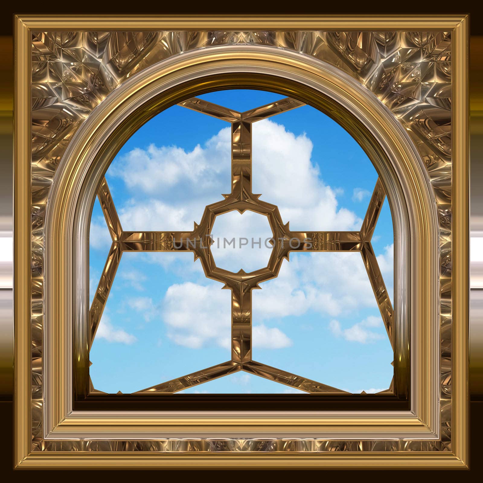 image of a gothic or science fiction window looking onto cloudy blue sky